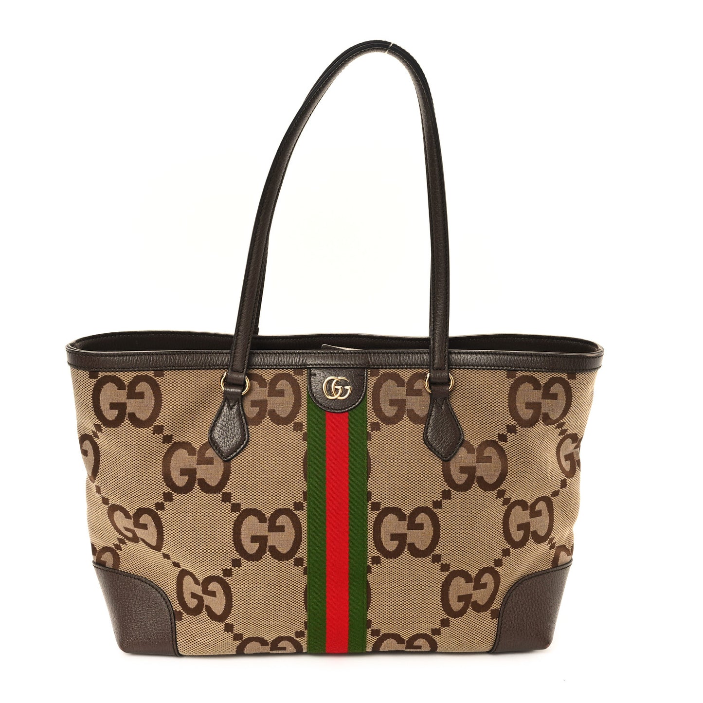 Monogram Jumbo GG Textured Dollar Calfskin Web Medium Ophidia Shopping Tote Camel Ebony