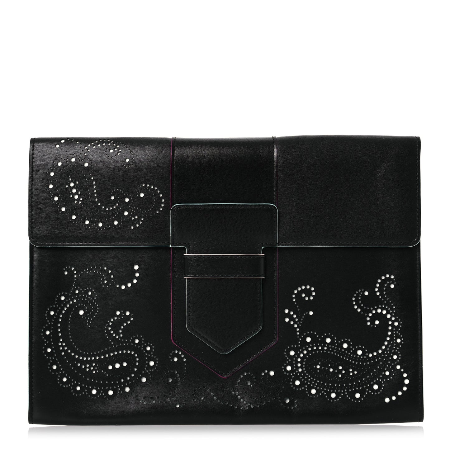 Box Calfskin Perforated Paisley Presse Clutch Black
