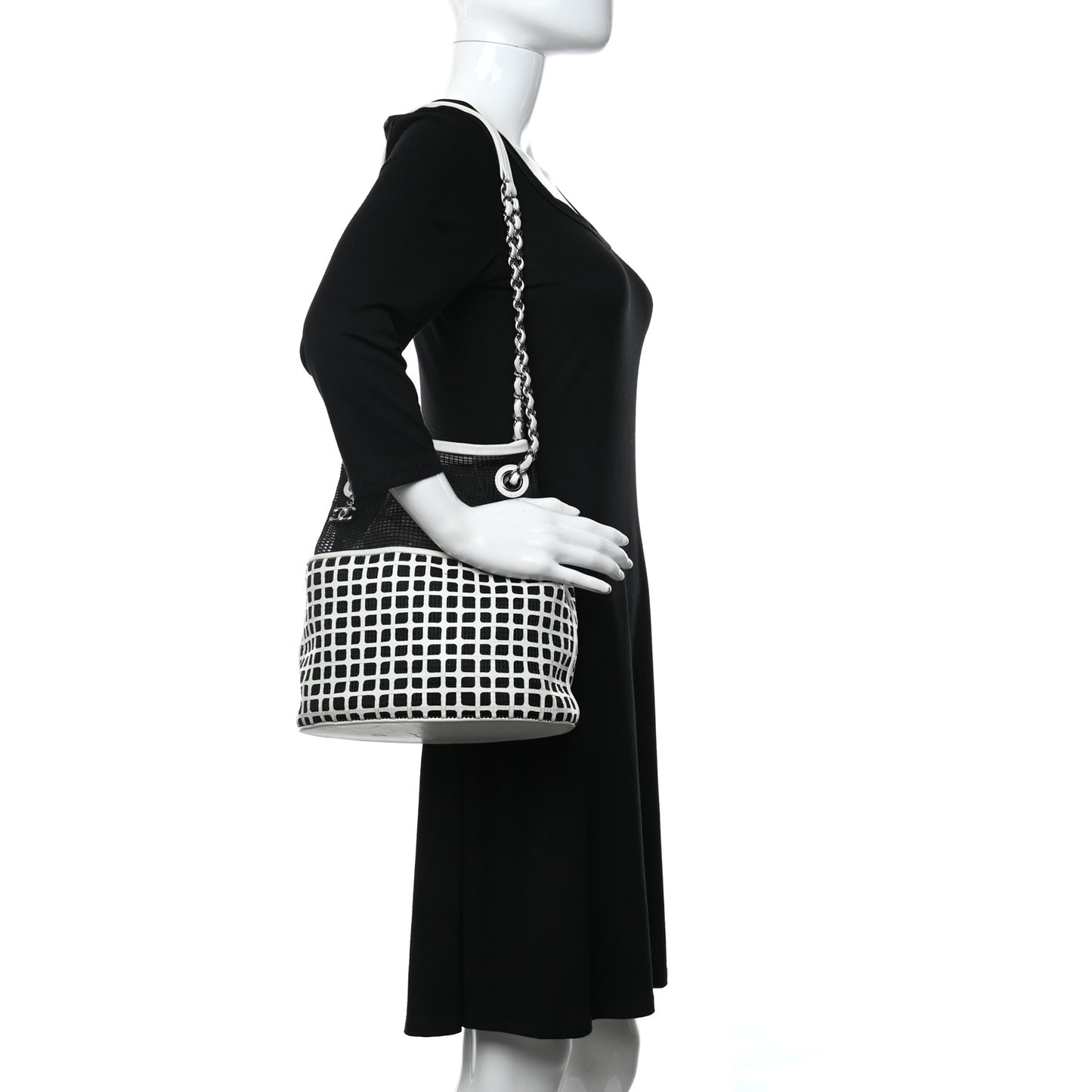 Calfskin Mesh Chain Bucket Bag Black White