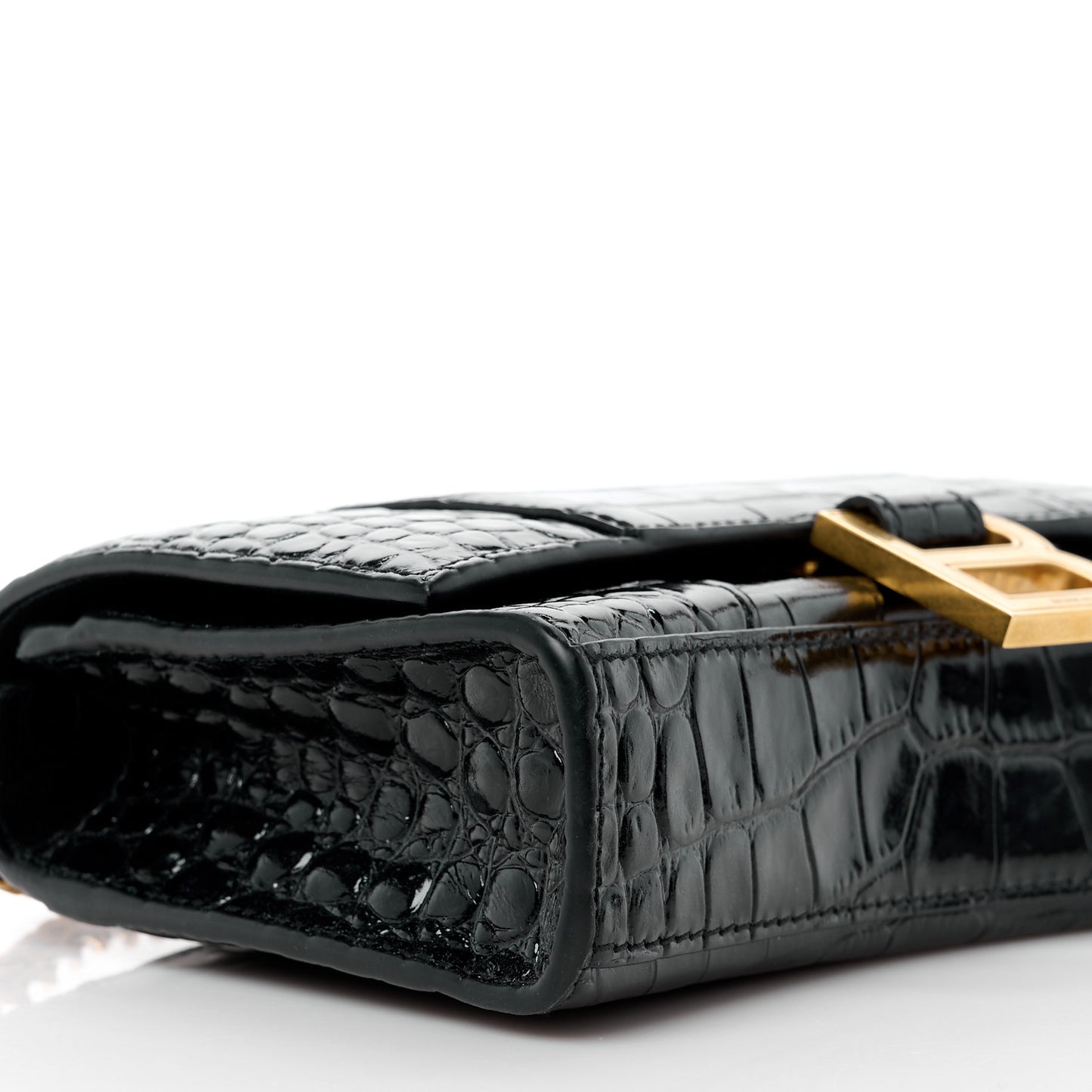 Shiny Calfskin Crocodile Embossed Hourglass Chain Bag Black