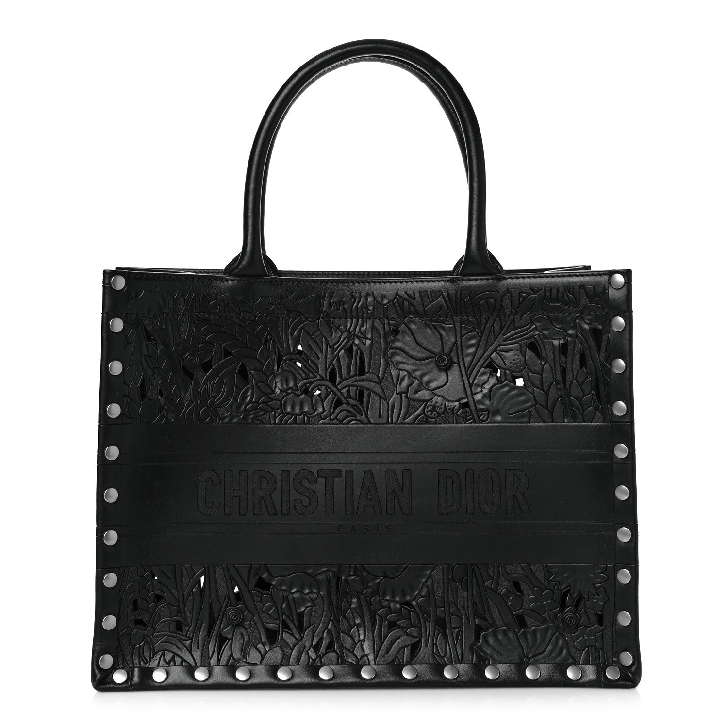 Christian Dior Calfskin Laser Cut Studded Medium Book Tote Black