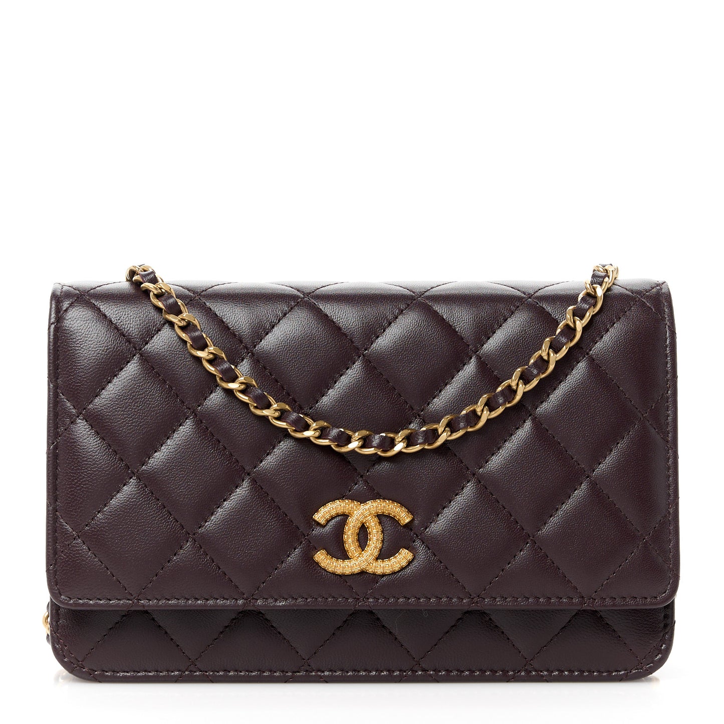 Lambskin Quilted Studded CC Wallet On Chain WOC Brown