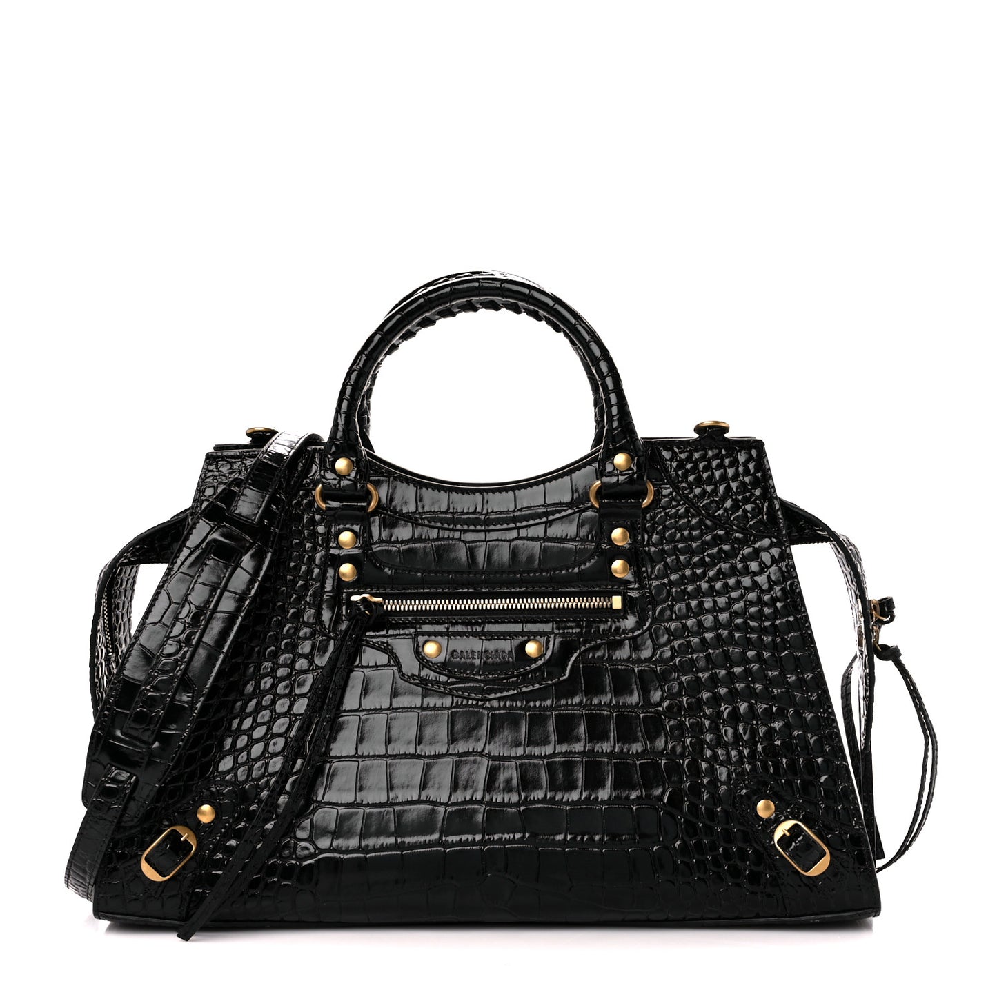 Shiny Supple Calfskin Crocodile Embossed Brass Hardware Neo Classic City Black
