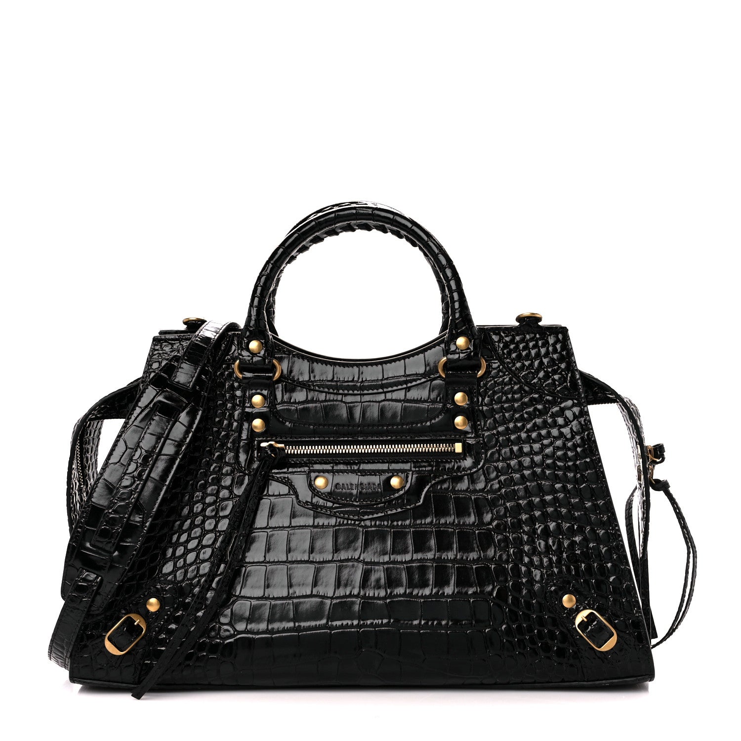 Balenciaga Shiny Supple Calfskin Crocodile Embossed Brass Hardware Neo Classic City Black 1 of 10