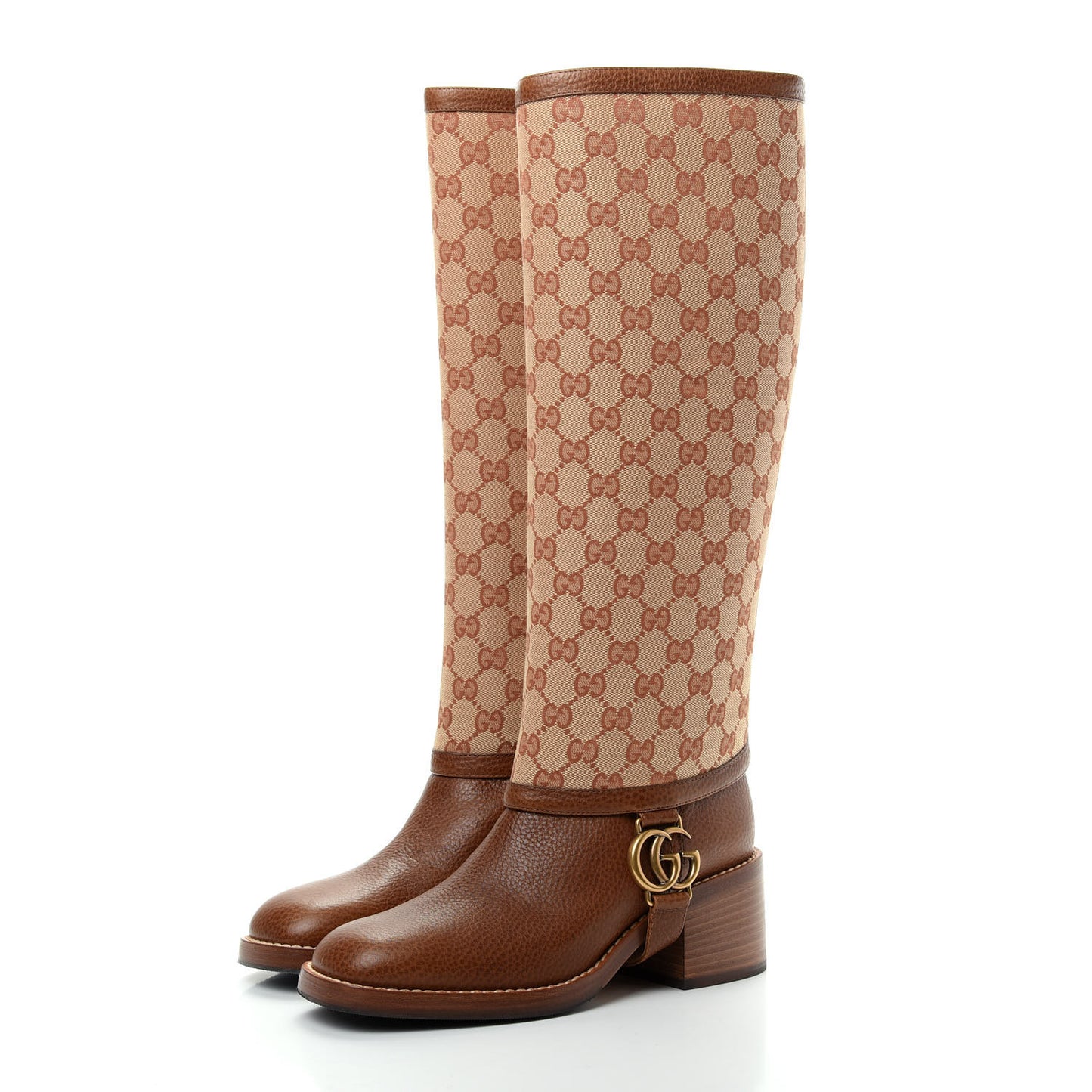 GG Monogram Calfskin Lola Tall Boots 37 Beige Ruggine Cuir
