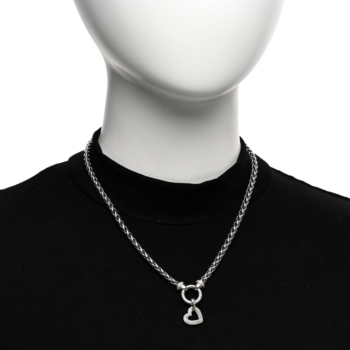 Sterling Silver Diamond Pave Heart Charm Pendant Wheat Chain Necklace