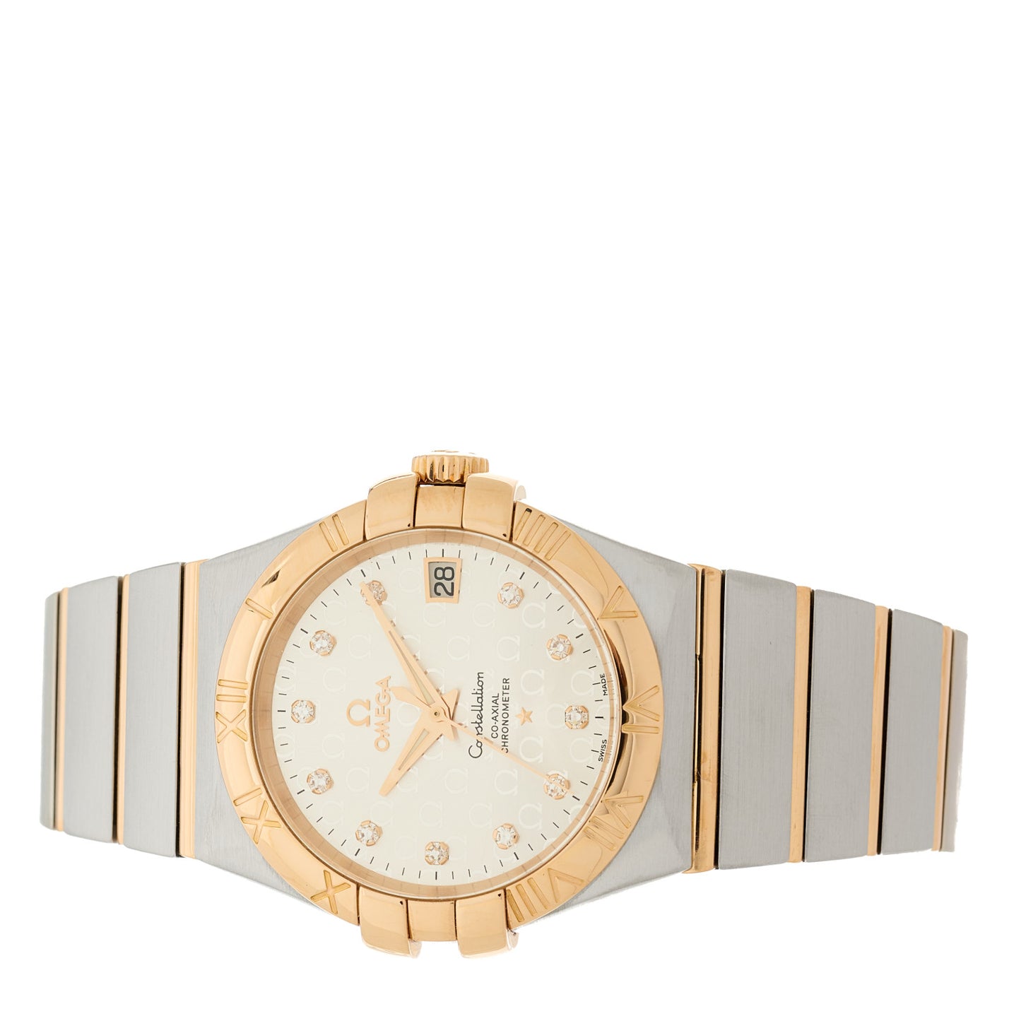 Stainless Steel 18K Yellow Gold Diamond 35mm Constellation Co-Axial Automatic Watch Silver 123.20.35.20.52.004