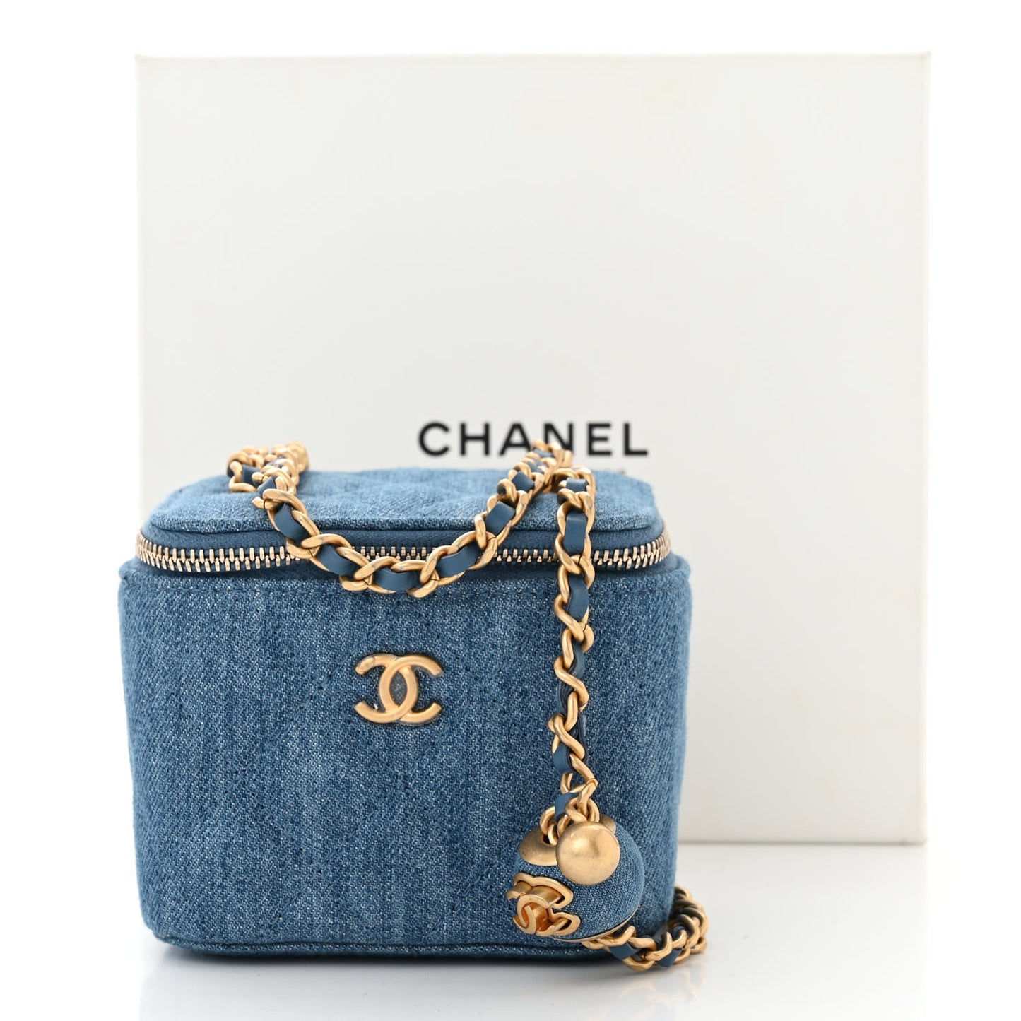 Denim Quilted Mini Pearl Crush Vanity Case With Chain