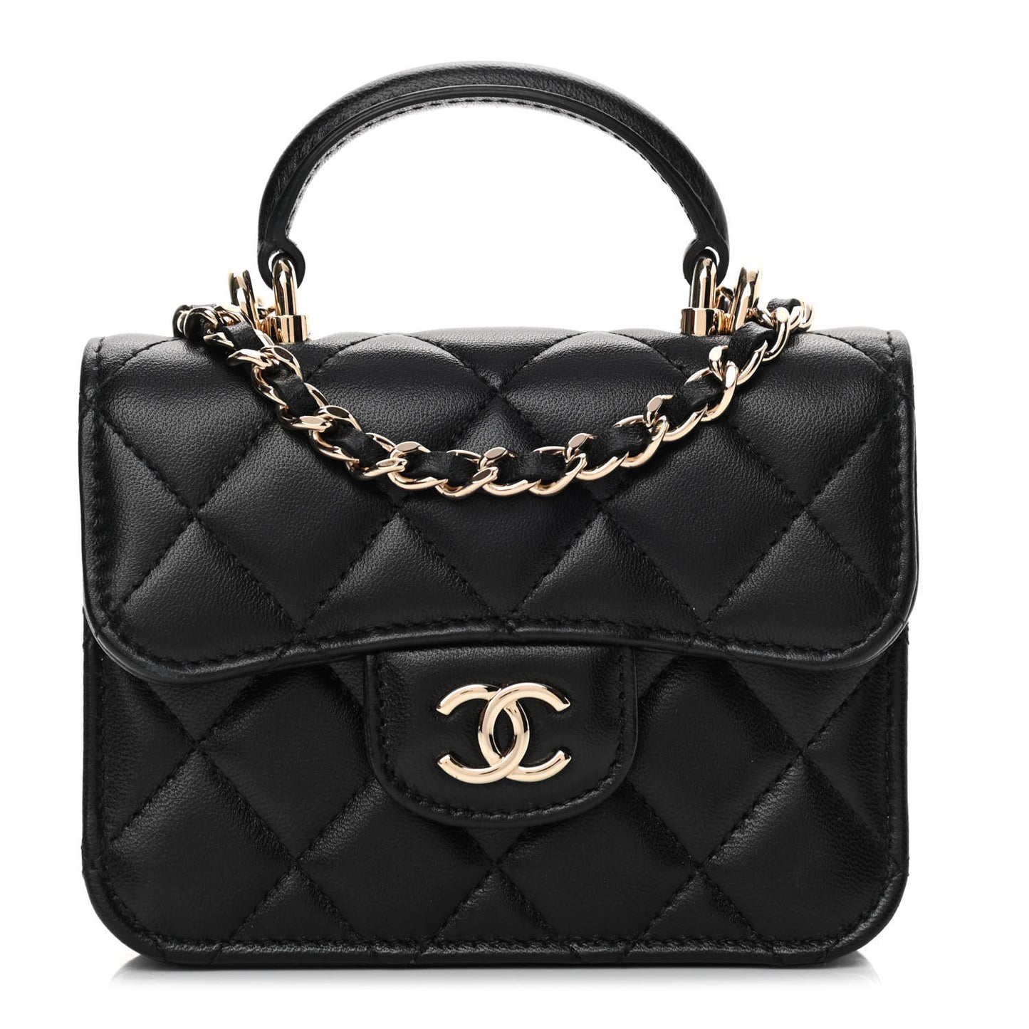 Lambskin Quilted Top Handle Flap Coin Purse With Chain Black