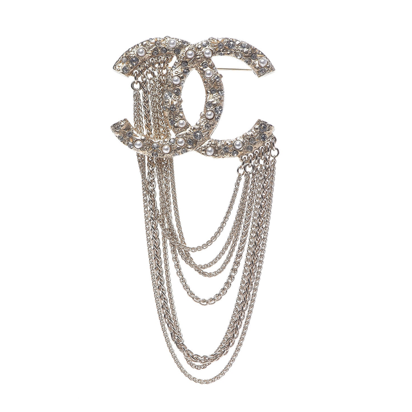 Crystal Pearl Multi Strand Chain CC Brooch Gold