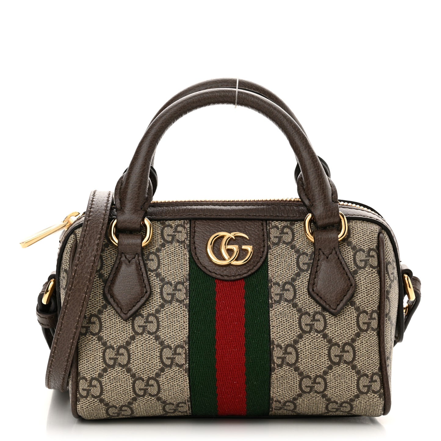 GG Supreme Monogram Textured Dollar Calfskin Web Super Mini Ophidia Top Handle Bowler Bag Beige Ebony New Acero