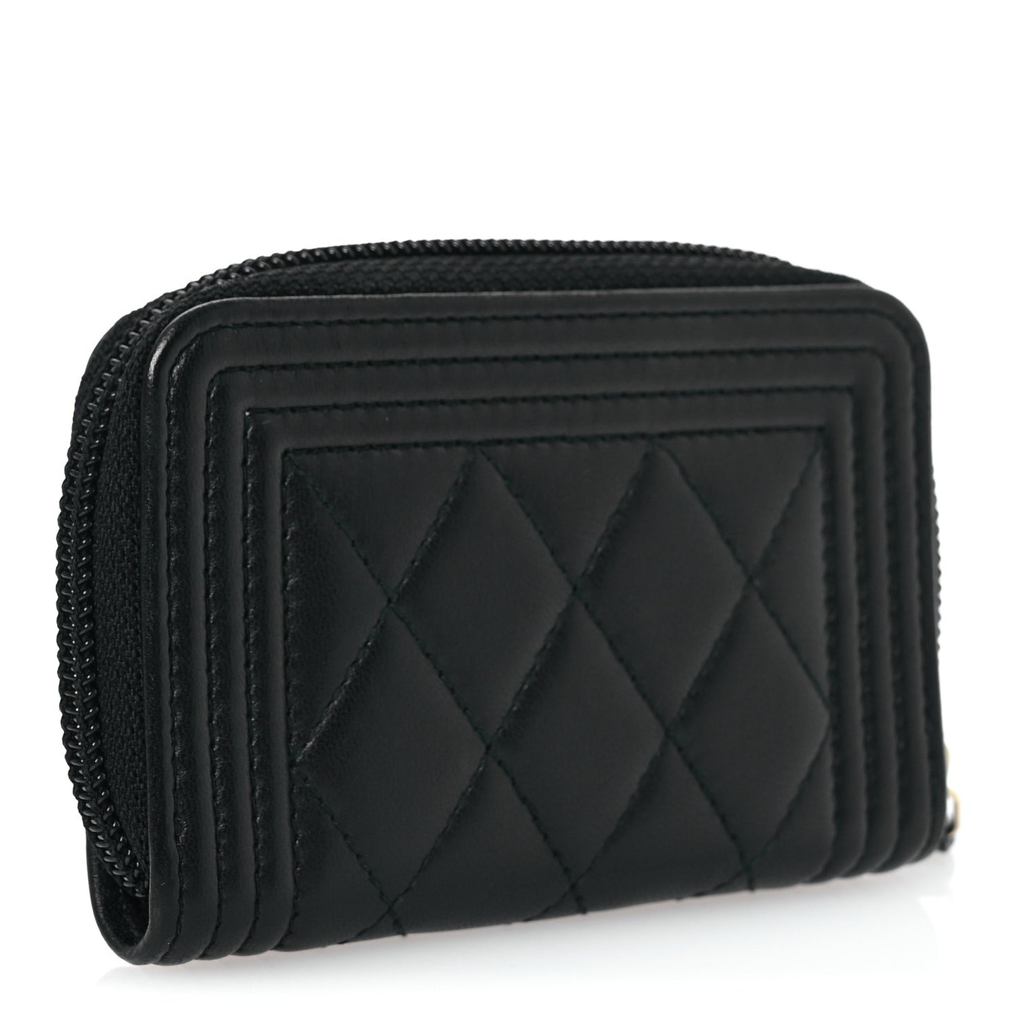 Lambskin Quilted Zip Around Boy Coin Purse Wallet Black