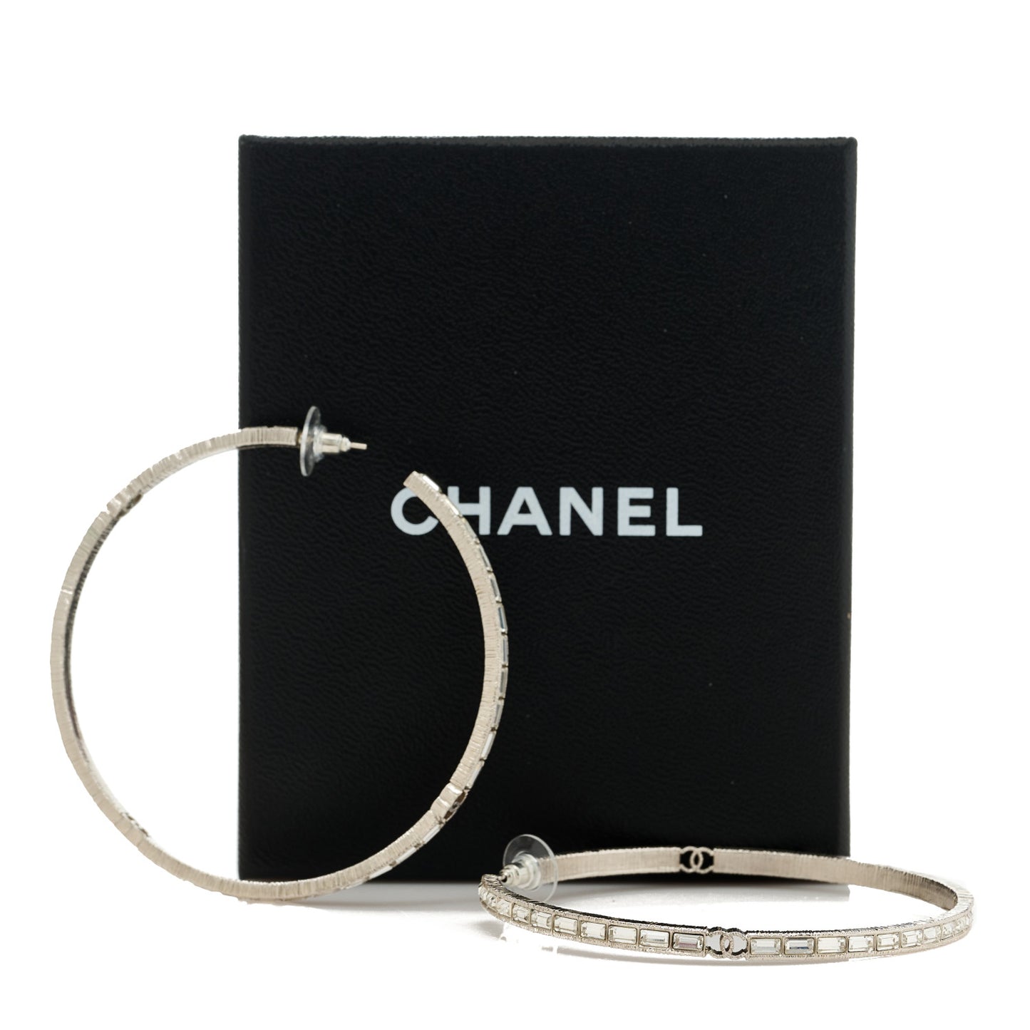Baguette Crystal CC Hoop Earrings Silver