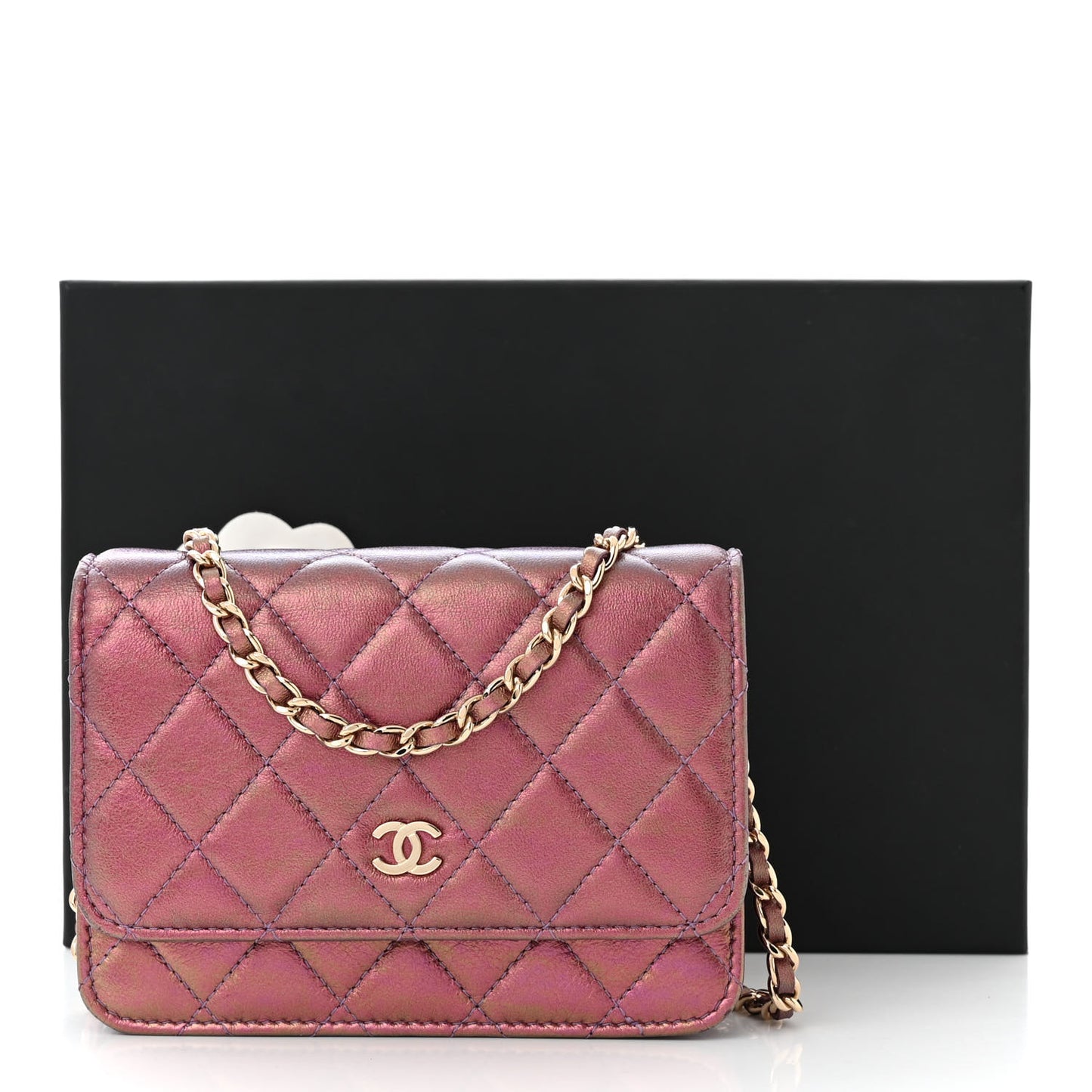 Iridescent Lambskin Quilted Mini Wallet On Chain WOC Purple