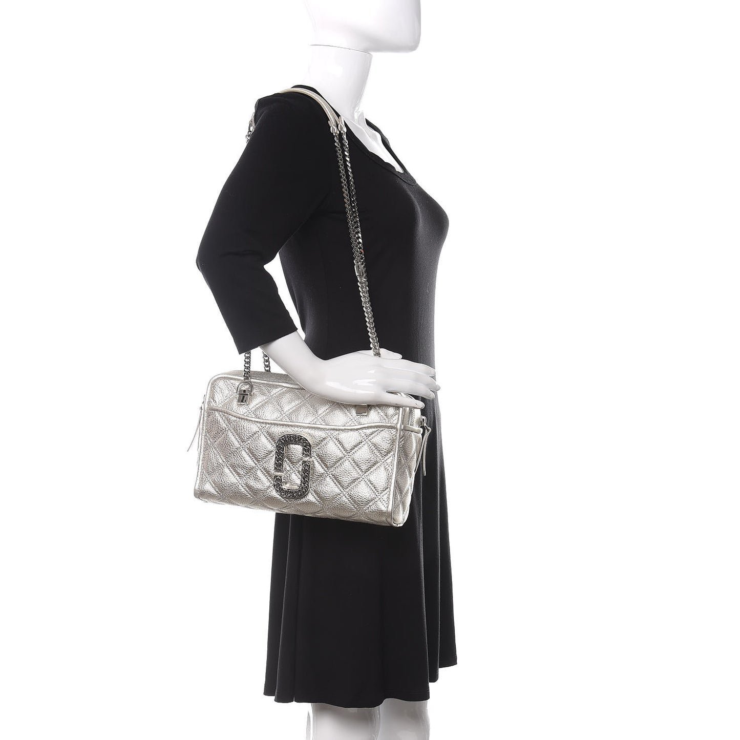 Metallic Grained Calfskin Quilted Double Stitched The Status Shoulder Bag Silver