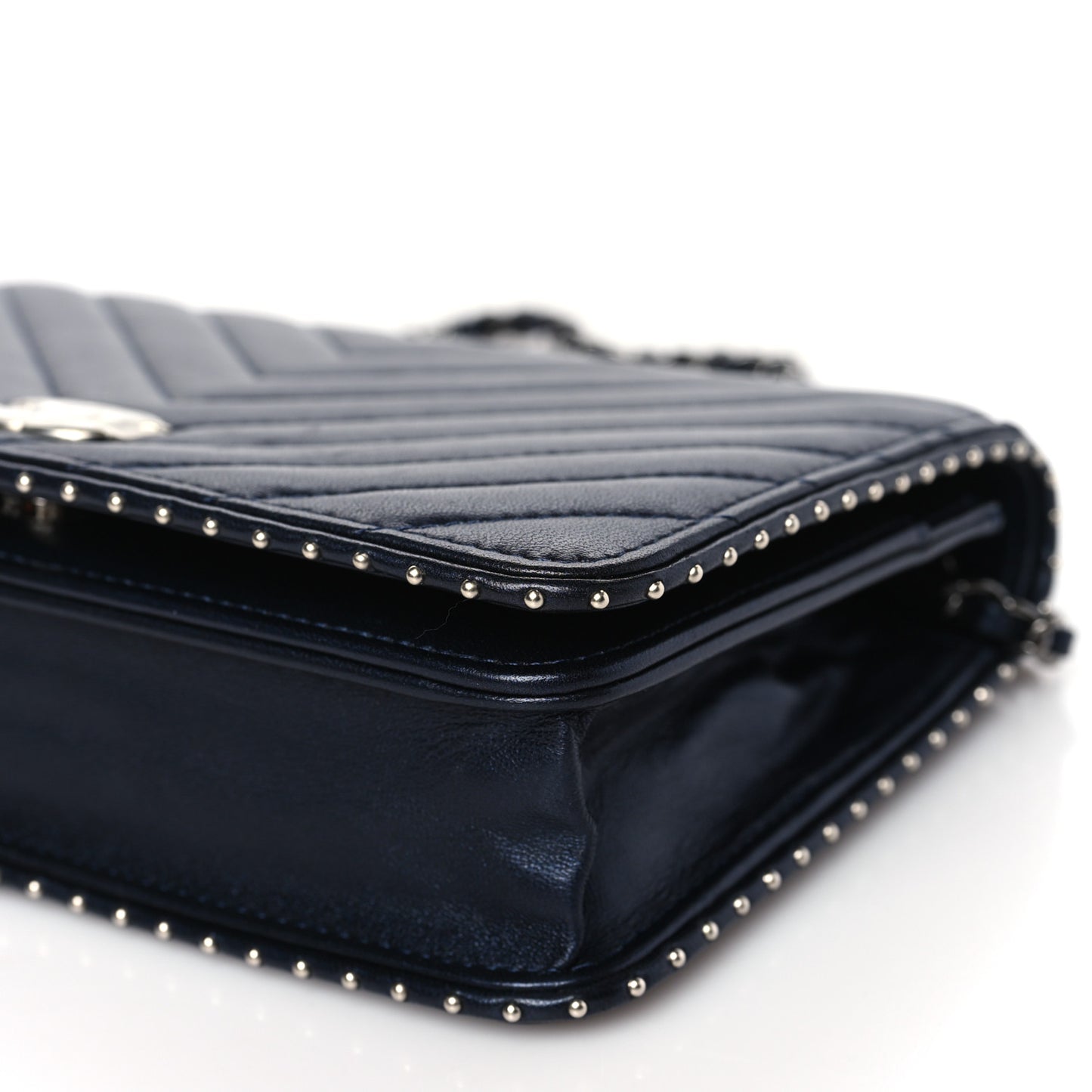 Lambskin Chevron Quilted Studded Wallet On Chain WOC Navy