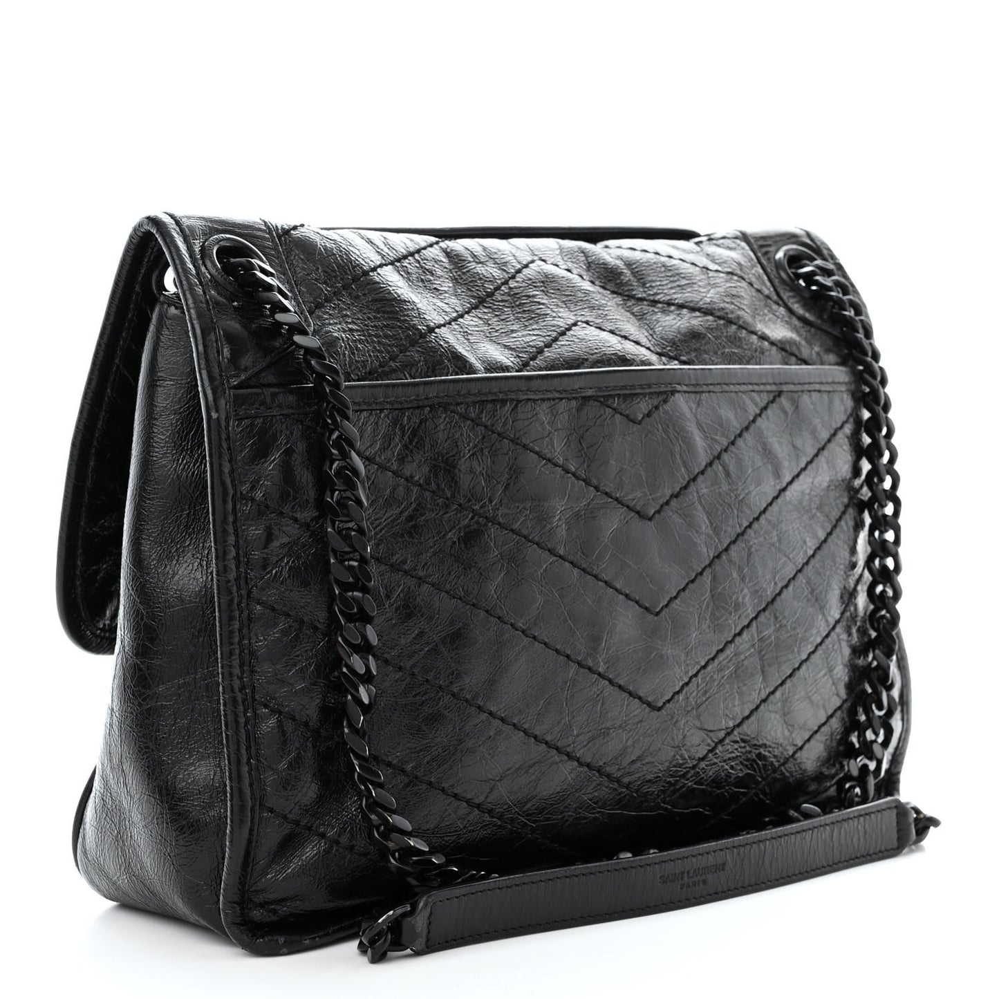Crinkled Calfskin Matelasse Monogram Medium Niki Chain Satchel Black