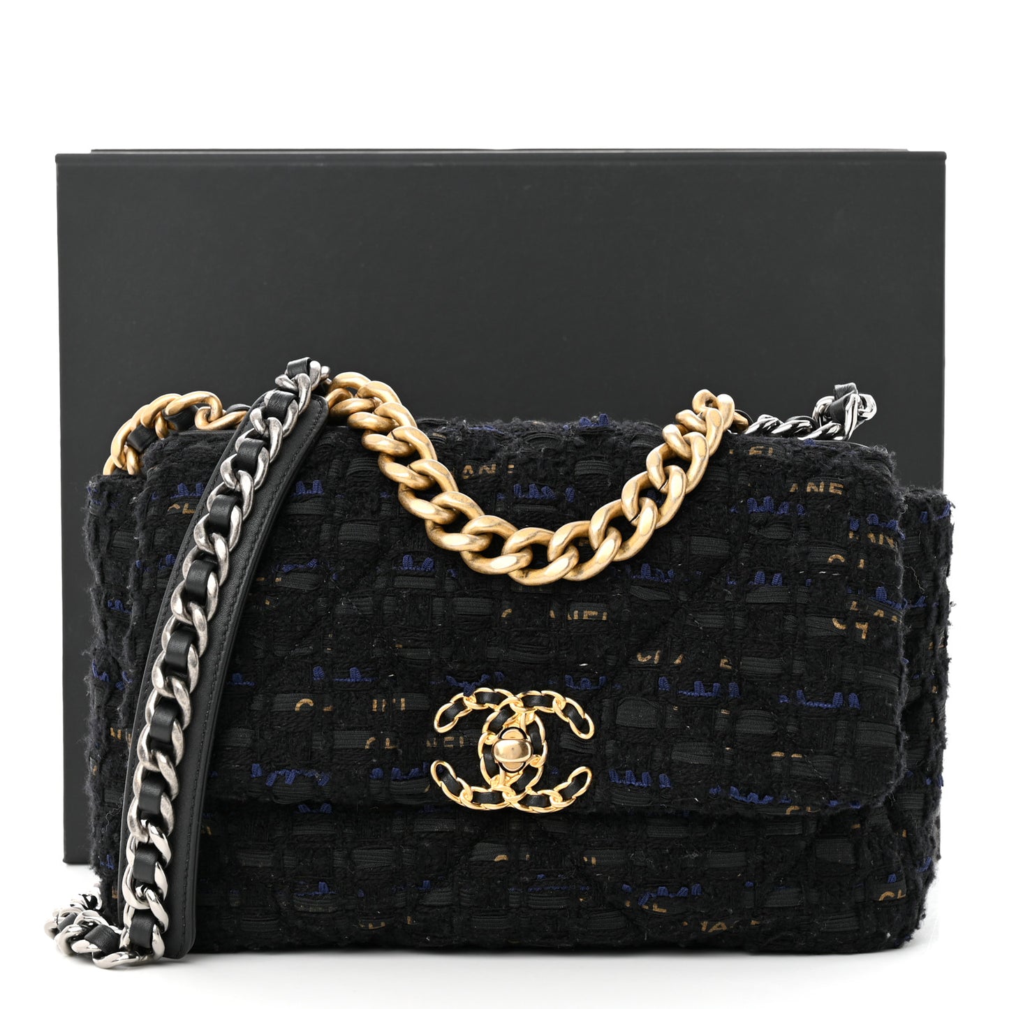 Tweed Quilted Medium Chanel 19 Flap Black Navy Gold