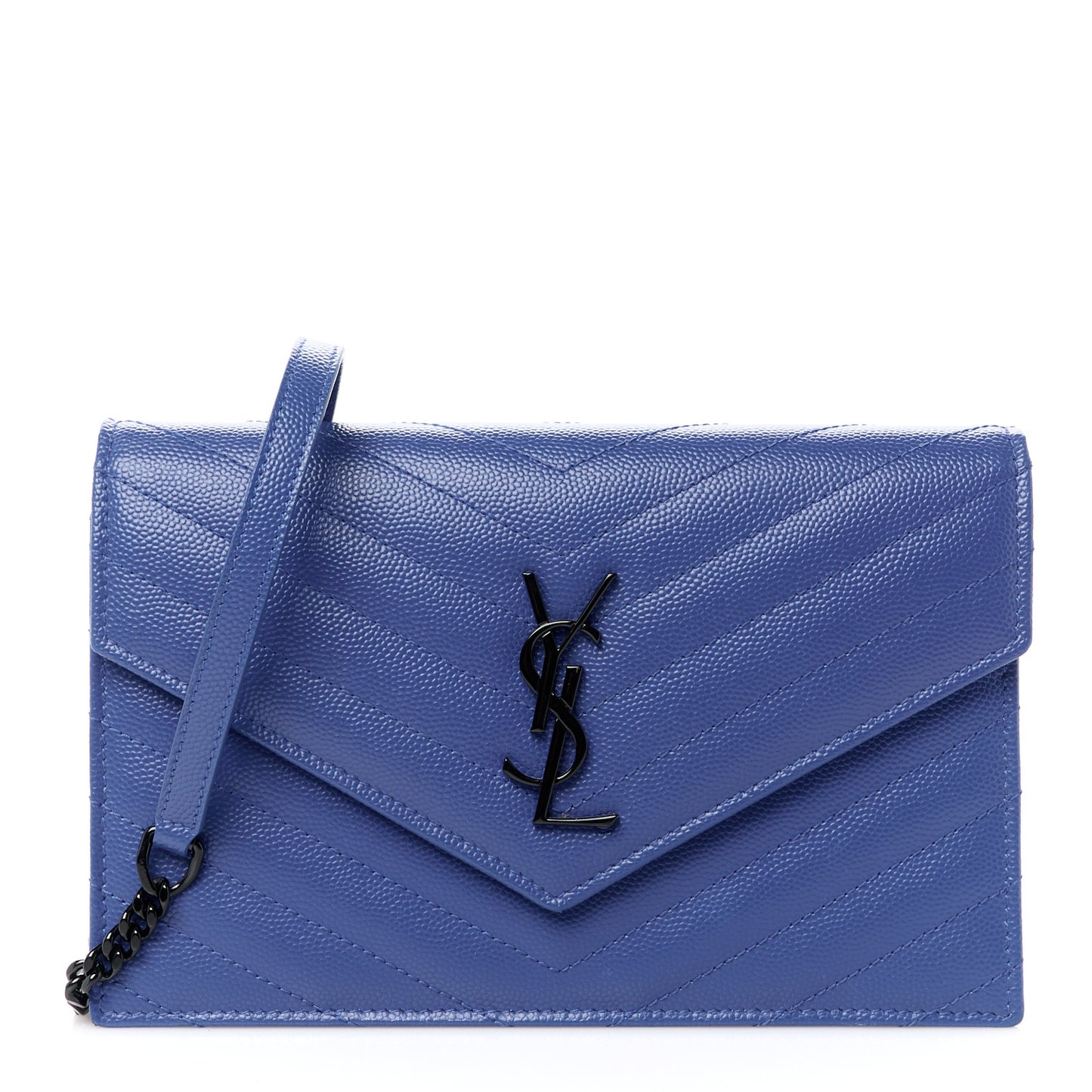 Grain De Poudre Matelasse Chevron Monogram Envelope Chain Wallet Blue Majorelle