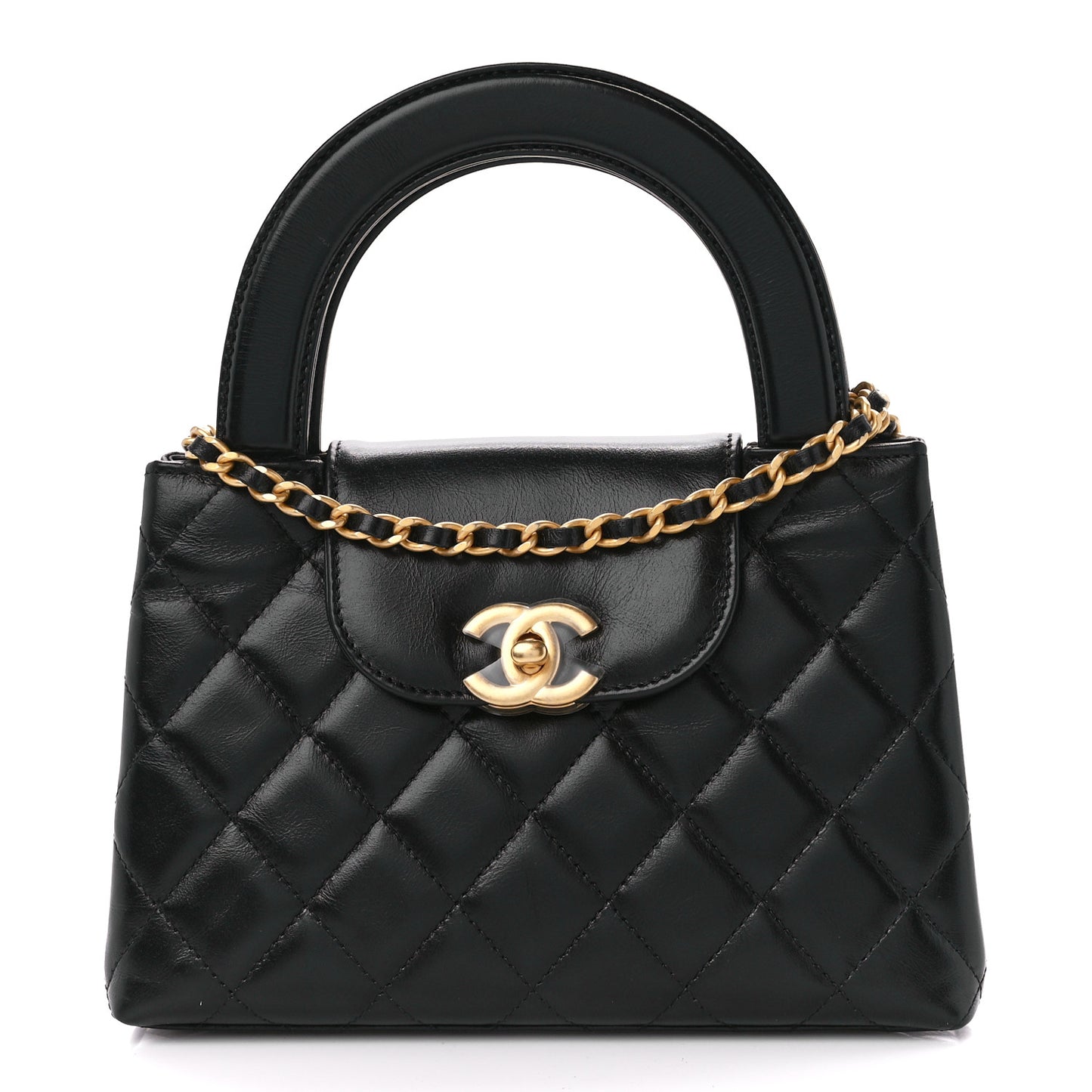 Shiny Aged Calfskin Quilted Nano Kelly Shopper Black