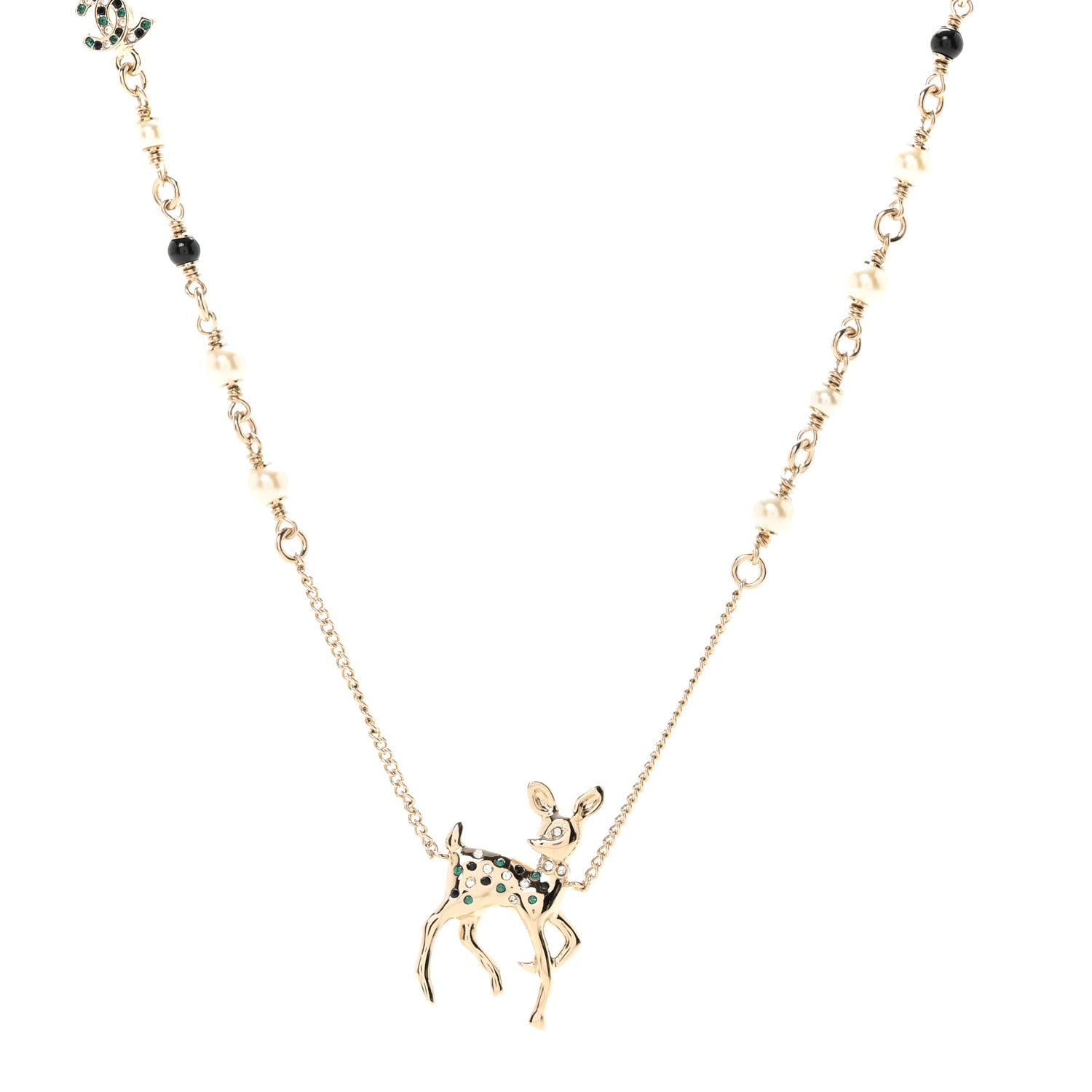 Chanel Metal Crystal Pearl Deer Pendant Necklace Green Black Gold