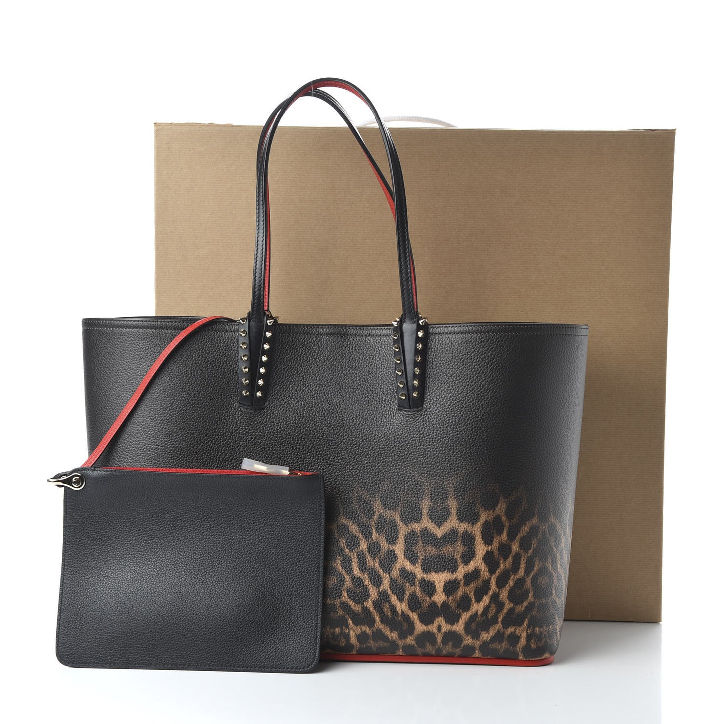 Calfskin Degrade Leopard Print Spikes East West Cabata Tote Black Multi