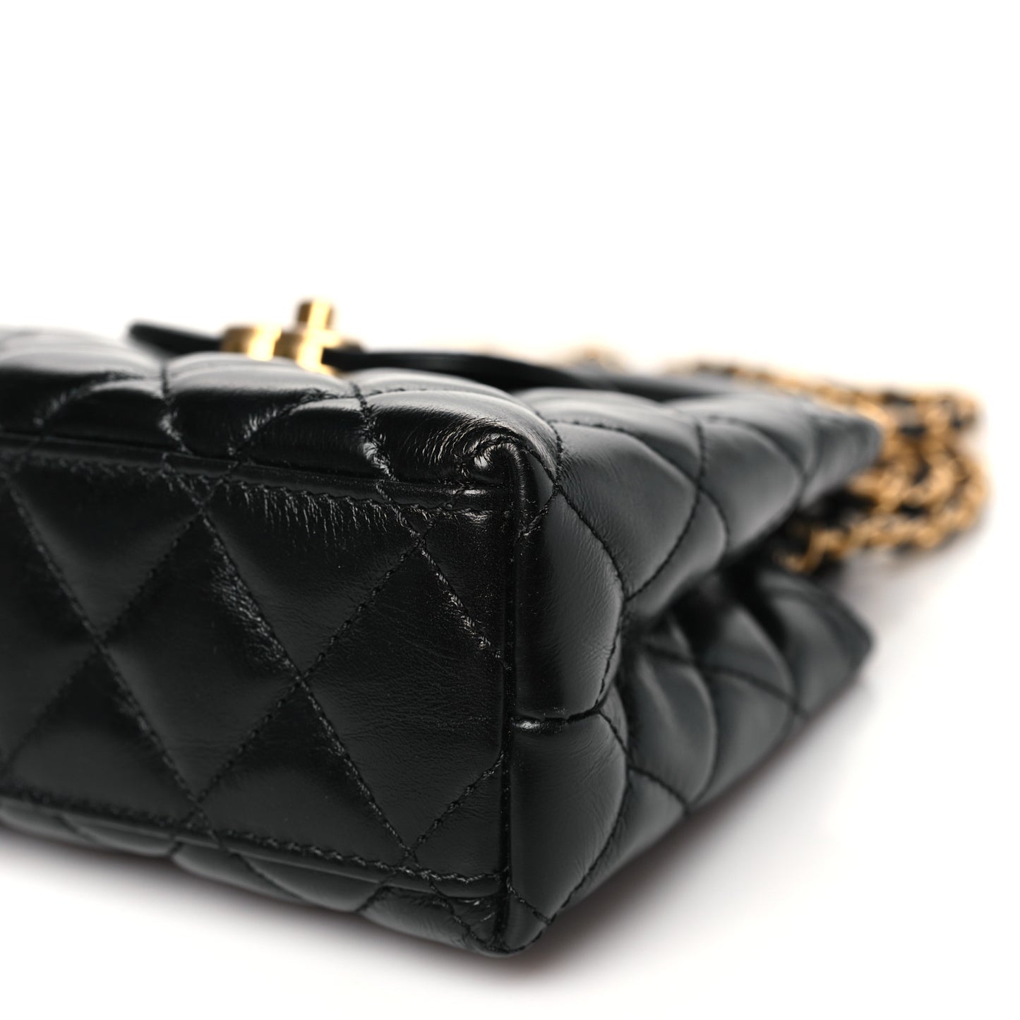 Shiny Aged Calfskin Quilted Nano Kelly Shopper Black