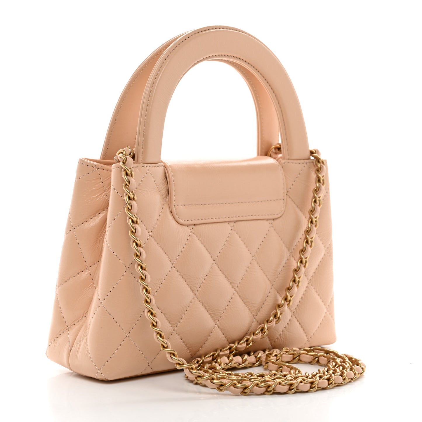 Shiny Aged Calfskin Quilted Nano Kelly Shopper Beige