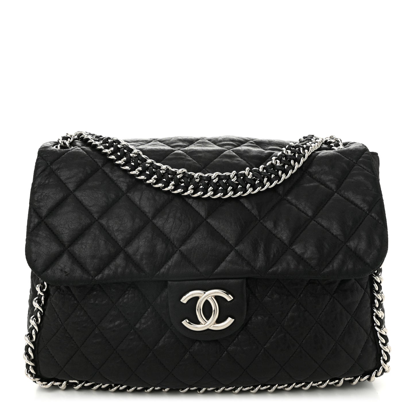 Washed Lambskin Quilted Maxi Chain Around Flap Black