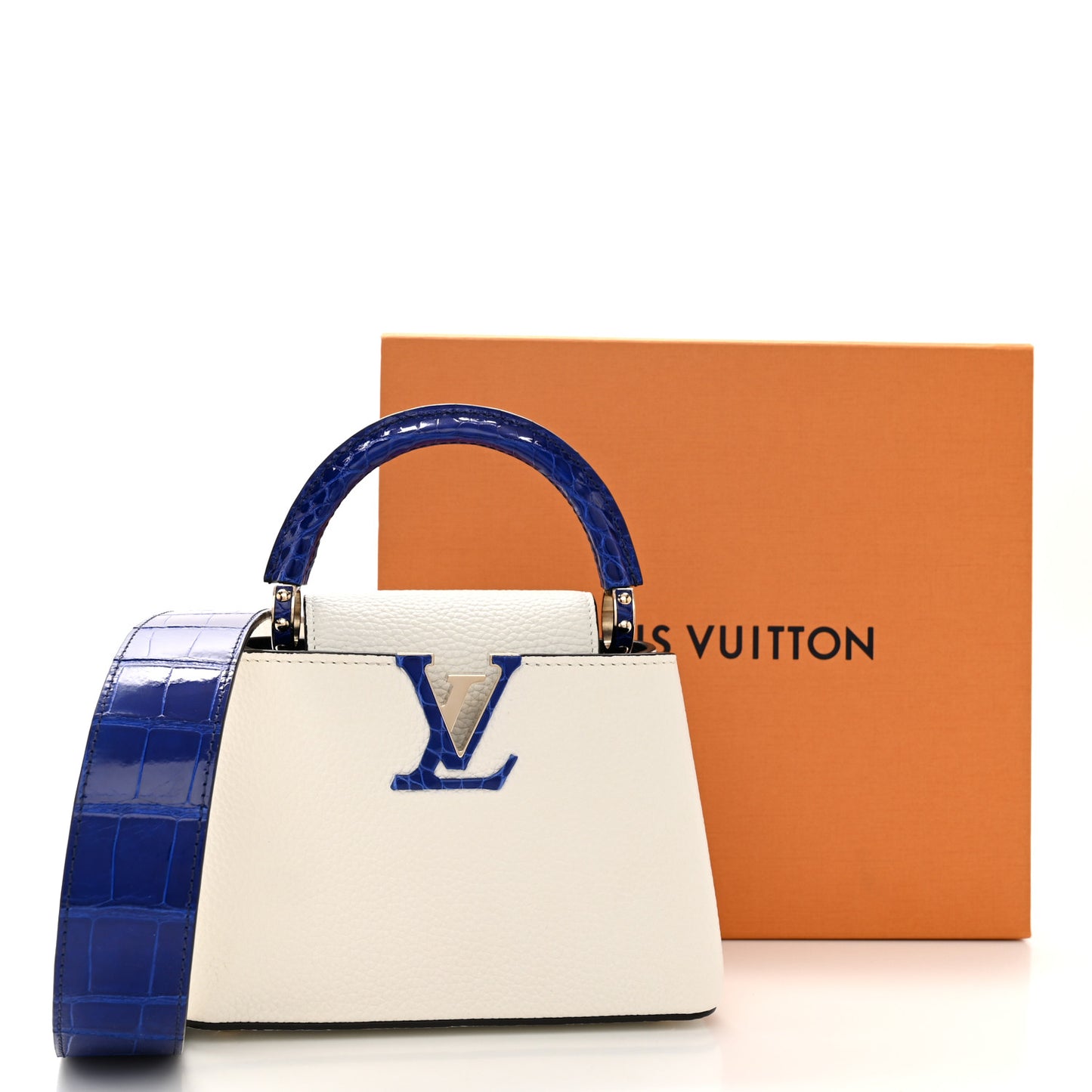 Taurillon Crocodile Capucines Mini White Bleu Santorin