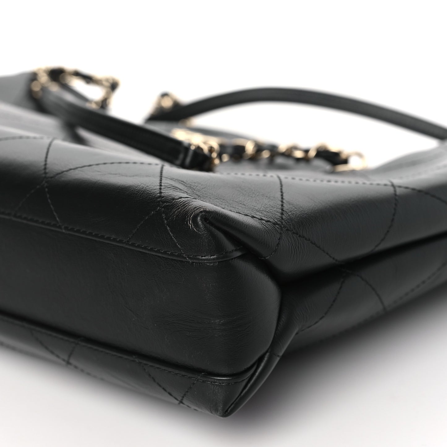 Glazed Calfskin Stitched Shopping Tote Black