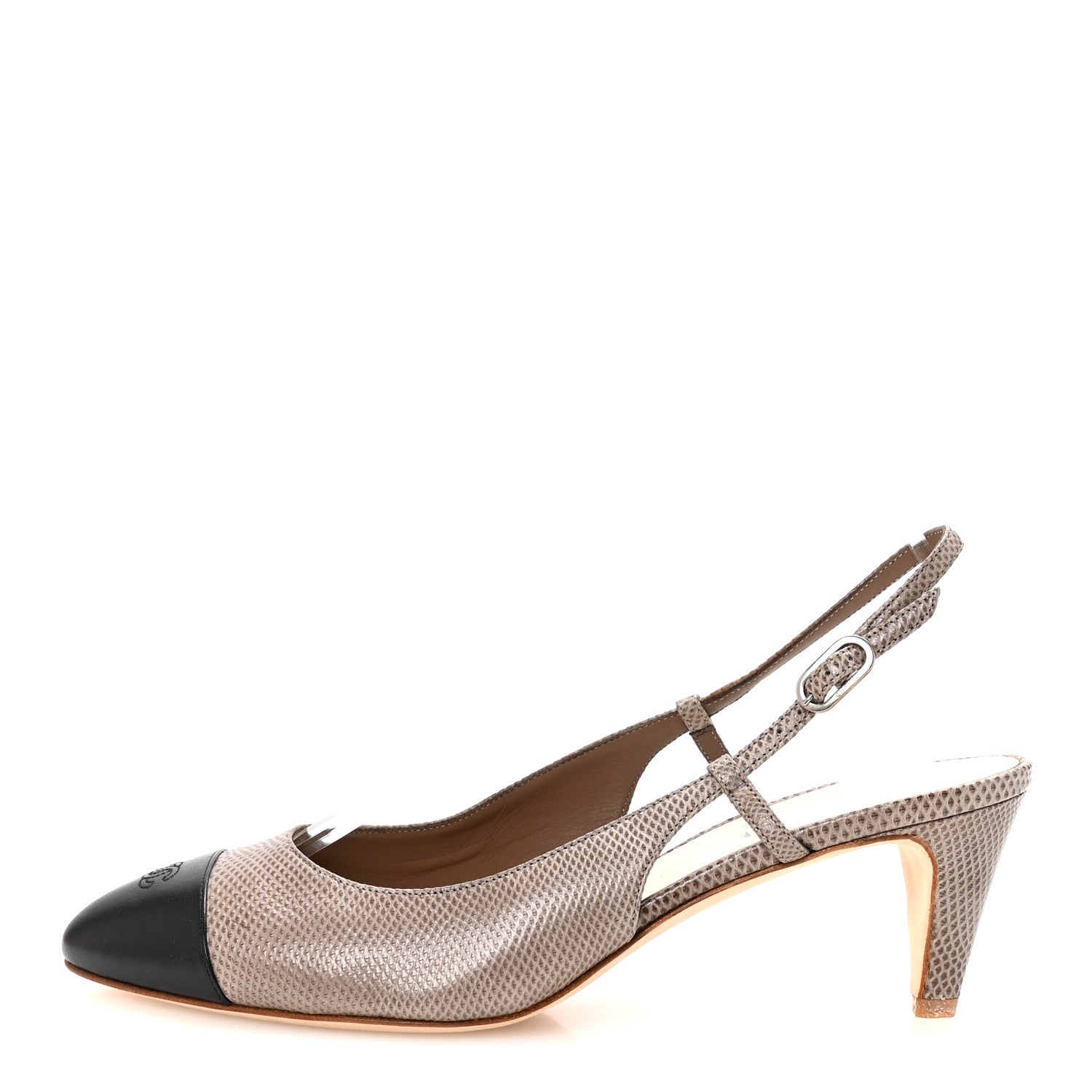 CHANEL グレー レース フラットシューズ ヒール3cm サイズ34 Chanel Lizard Grosgrain Cap Toe CC Slingback Sandals 40 Taupe