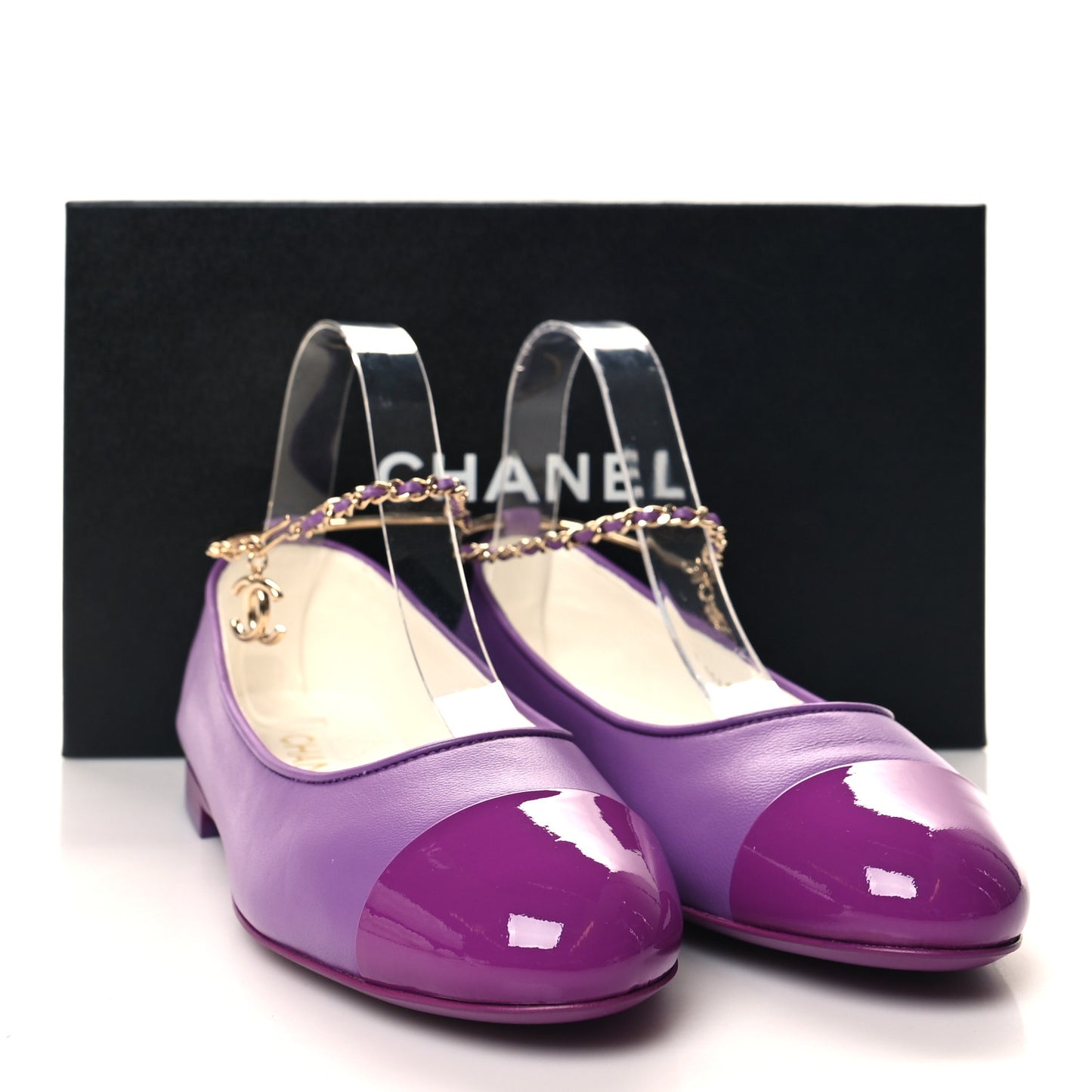 Lambskin Patent Calfskin Cap Toe Ankle Chain Ballerina Flats 38 Purple