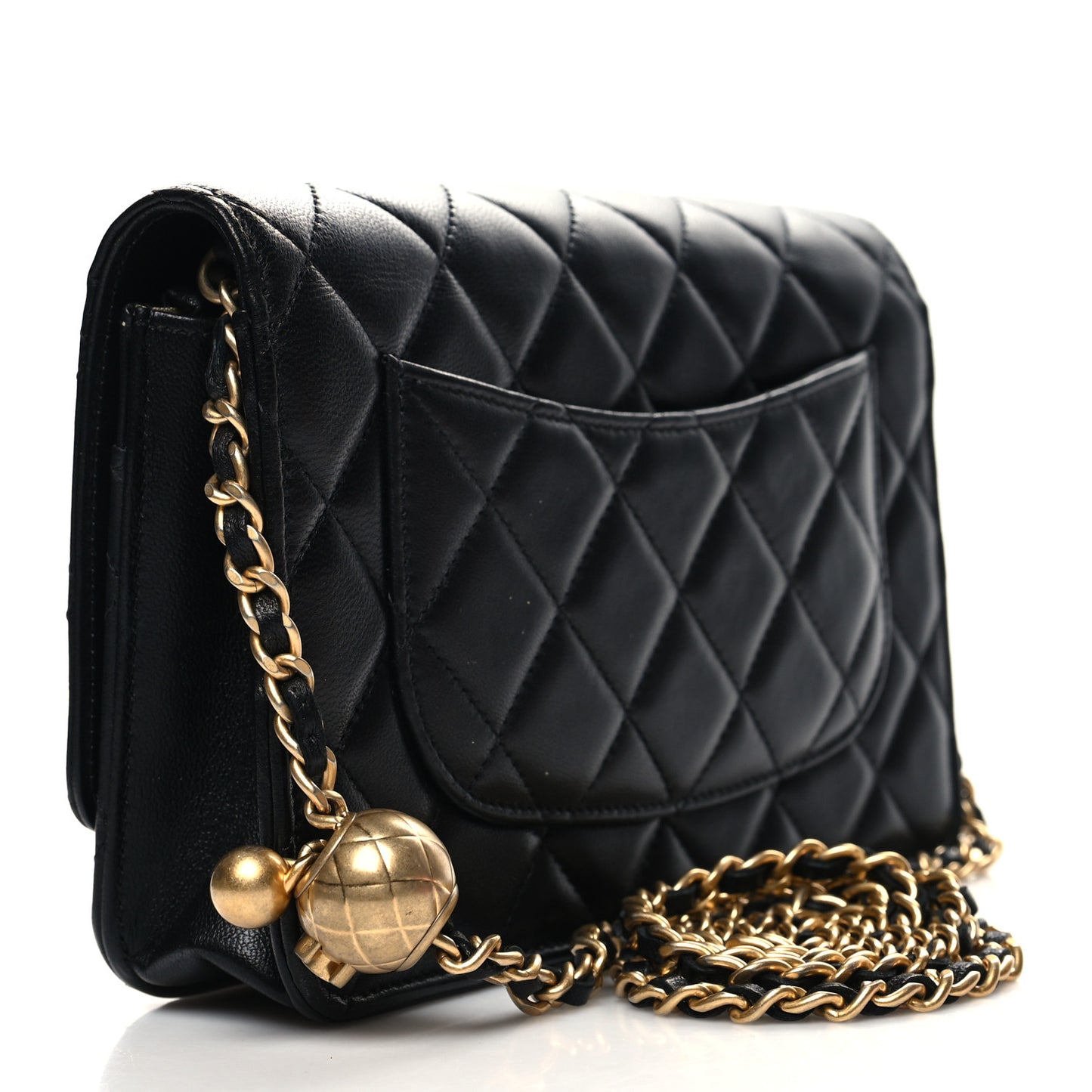 Lambskin Quilted Pearl Crush Wallet On Chain WOC Black