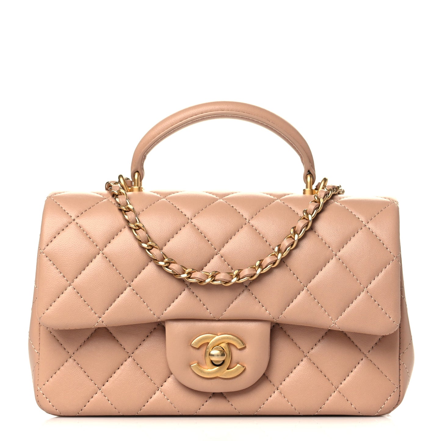 Lambskin Quilted Mini Top Handle Rectangular Flap Beige