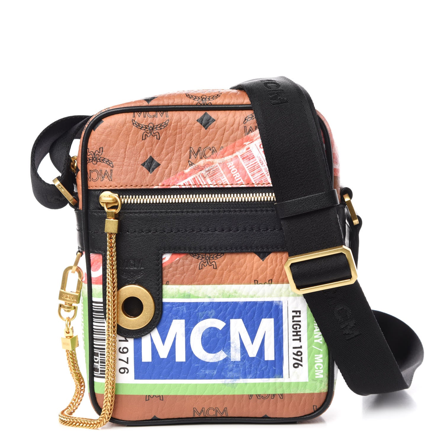 MCM Visetos Mini Flight Print Traveler Crossbody Bag Cognac 374044