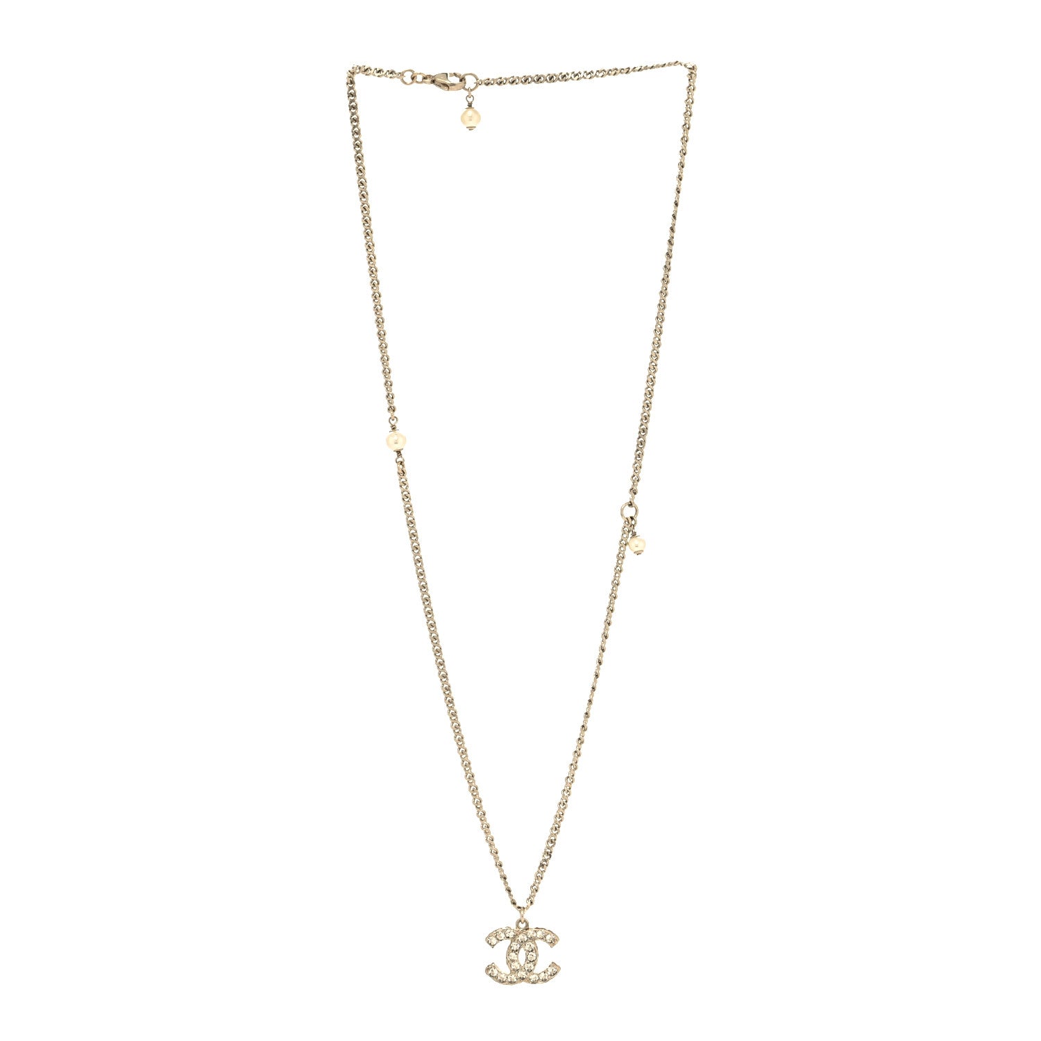 Chanel Metal Pearl Crystal CC Textured Pendant Necklace Gold 3 of 5