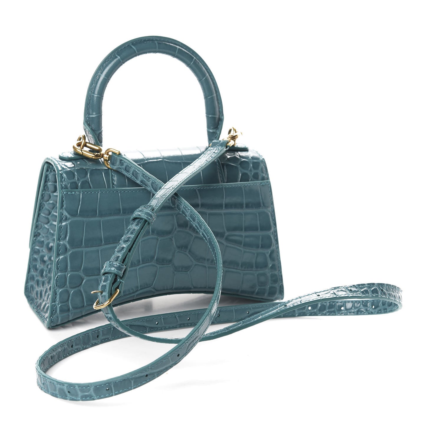 Shiny Calfskin Crocodile Embossed Hourglass Top Handle Bag XS Dark Turquoise