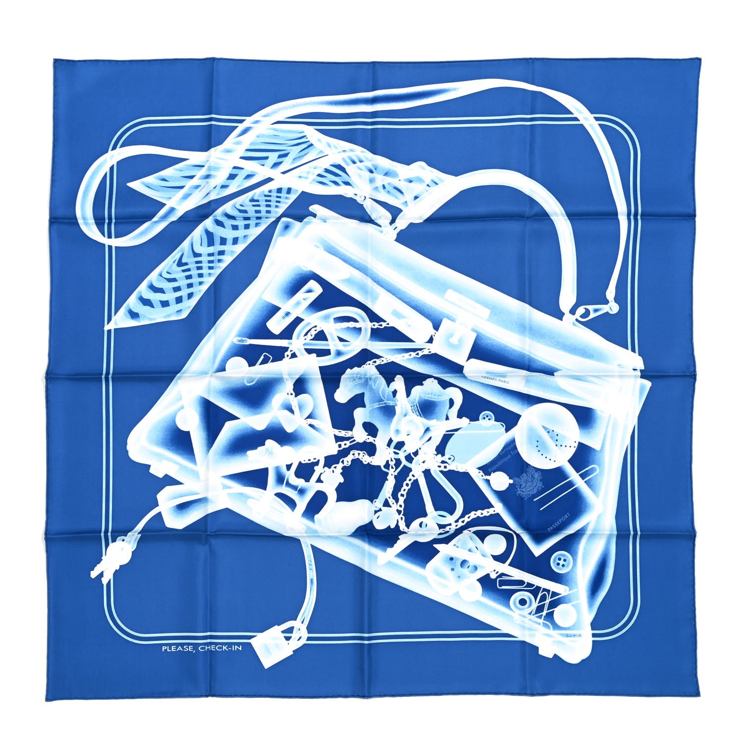 Hermes Silk Please Check In Scarf 90 Bleu Moyen Ciel White 730957