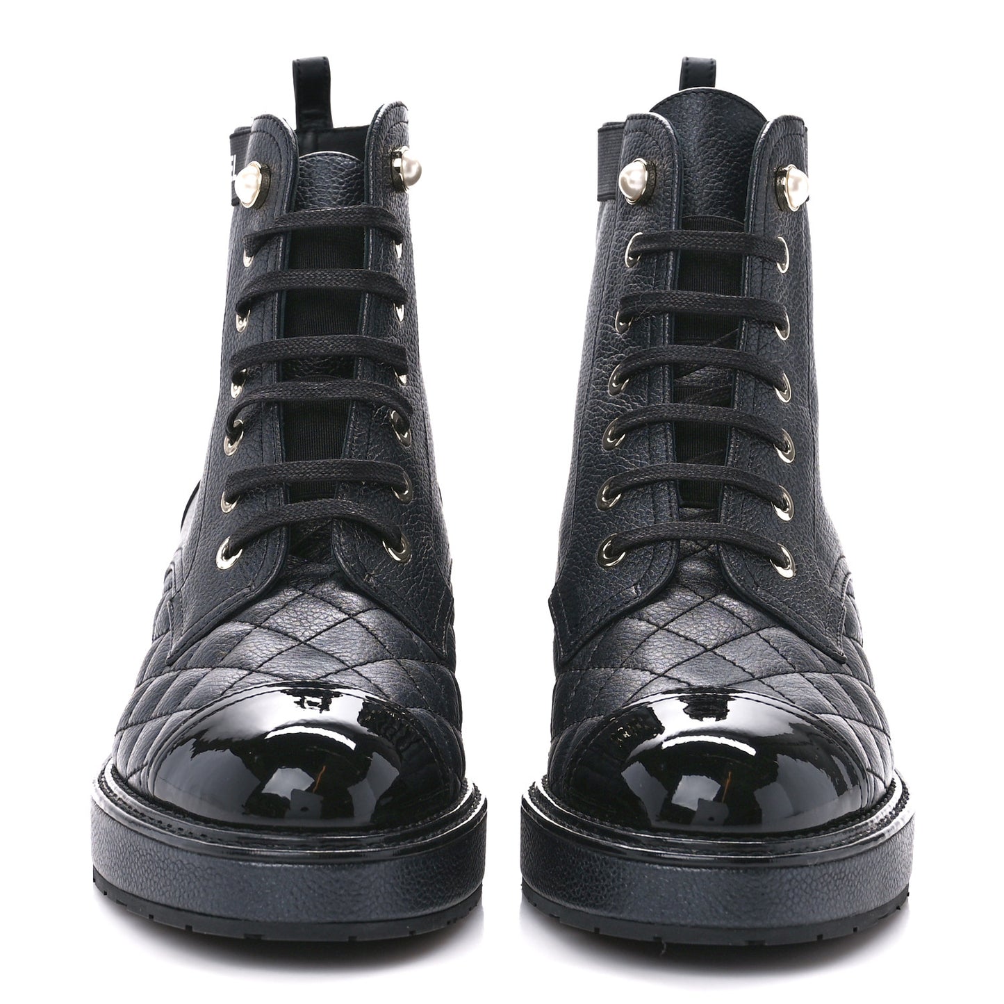 Pearly Calfskin Patent Calfskin Lace Up Combat Boots 36.5 Black