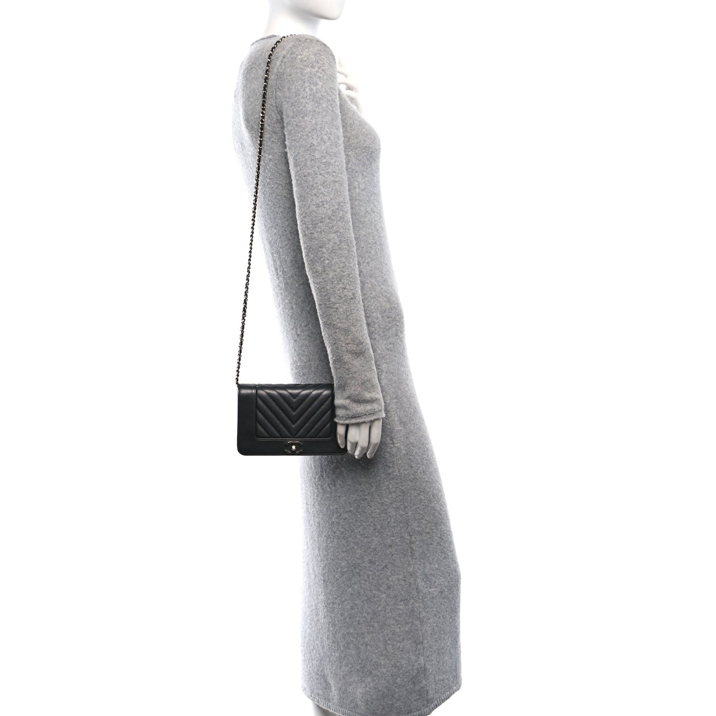 Metallic Goatskin Chevron Quilted Vintage Mademoiselle Wallet On Chain WOC Charcoal