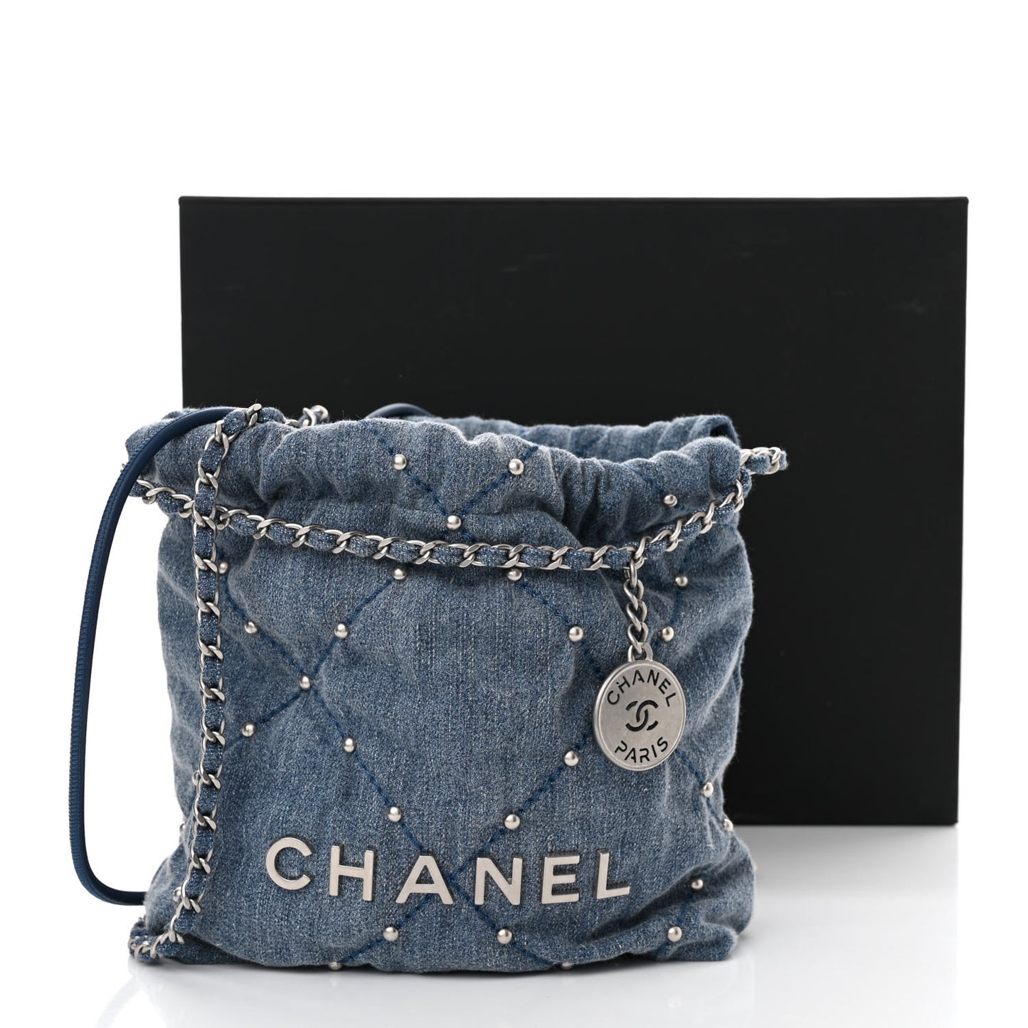 Washed Denim Quilted Studded Mini Chanel 22 Blue