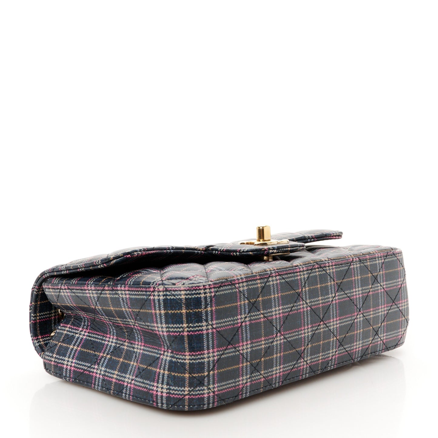 Calfskin Quilted Plaid Printed Small Single Flap Navy Multicolor
