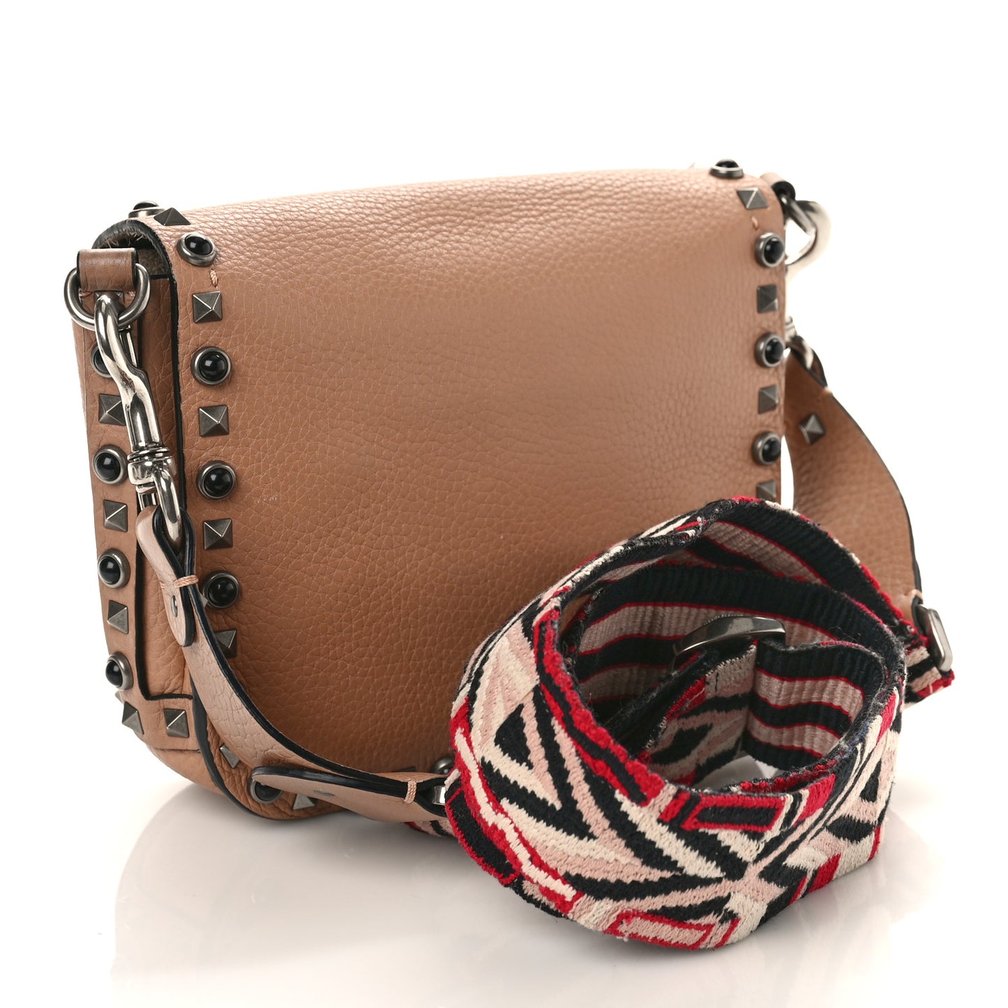 Grained Calfskin Onyx Guitar Strap Rockstud Rolling Shoulder Flap Messenger Bag Soft Noisette