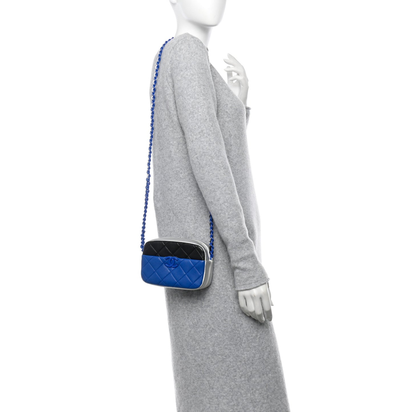 Shiny Lambskin Monochrome Chain Mini Camera Case Bag Blue Black Silver