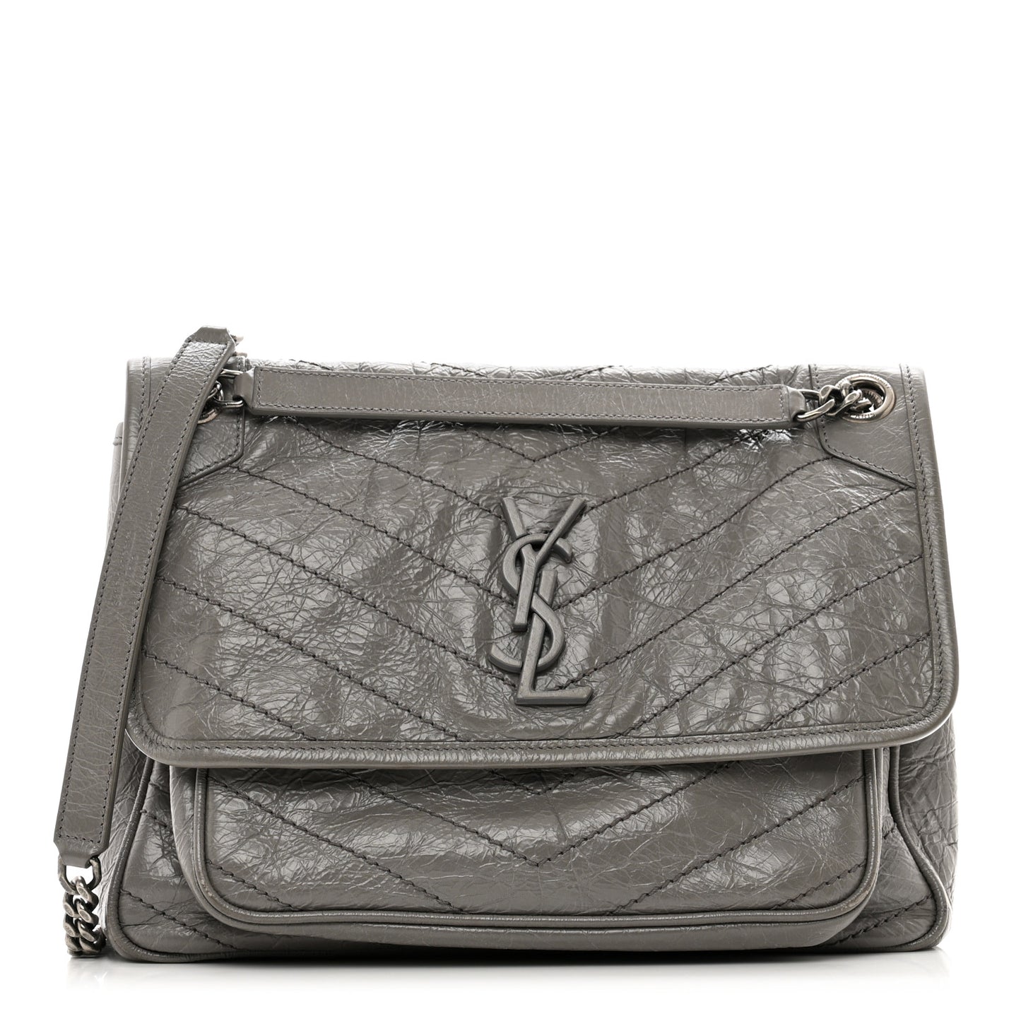 Crinkled Calfskin Matelasse Monogram Medium Niki Chain Satchel Fog