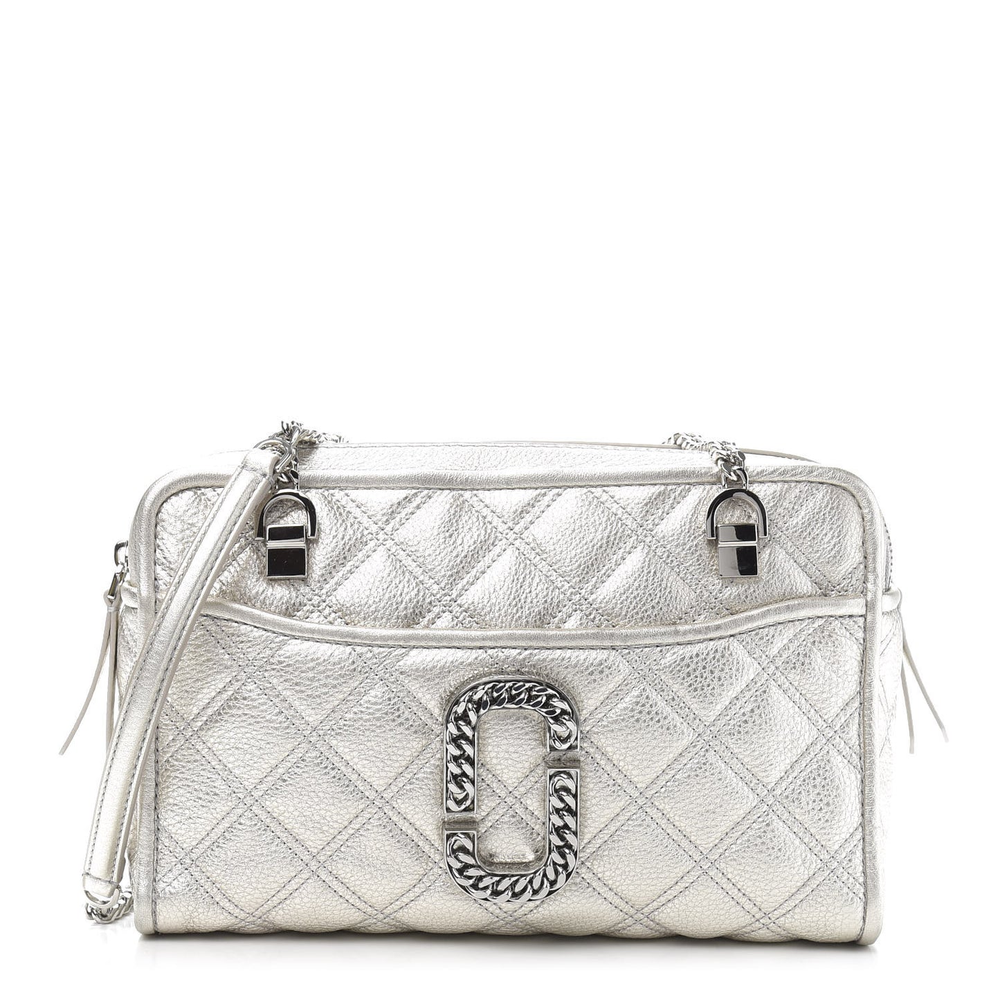 Metallic Grained Calfskin Quilted Double Stitched The Status Shoulder Bag Silver