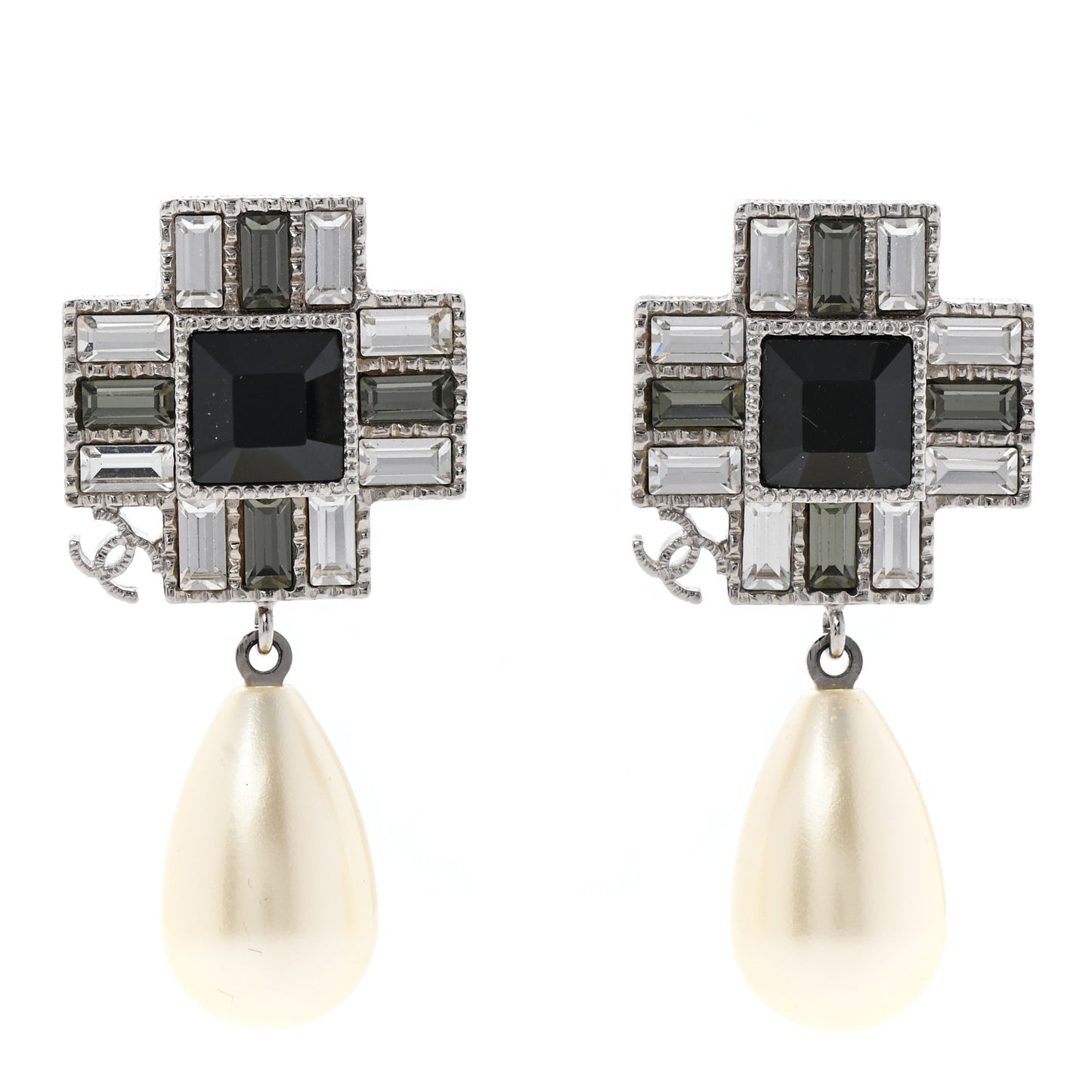 Crystal Baguette Pearl Cross Drop Earrings Grey Black Silver
