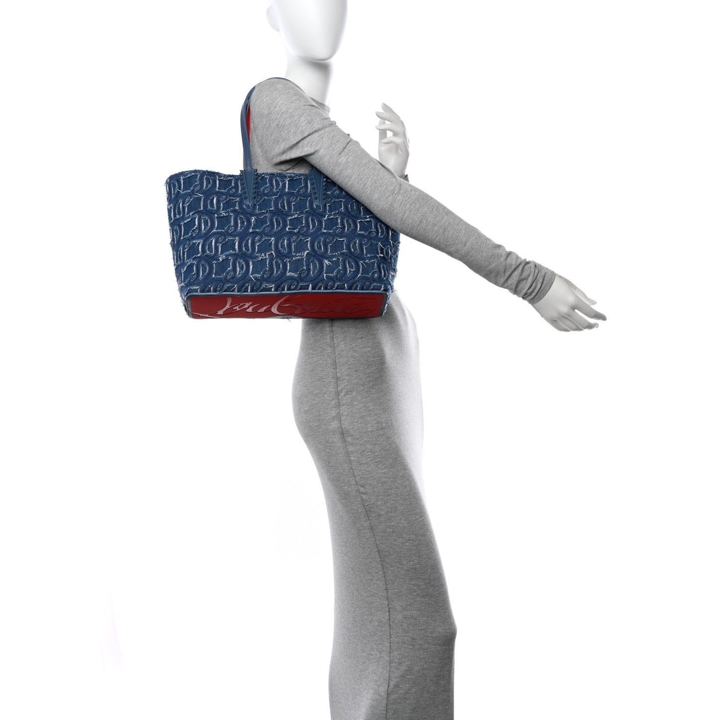 Denim Embroidered Spikes East West Cabata Tote Blue