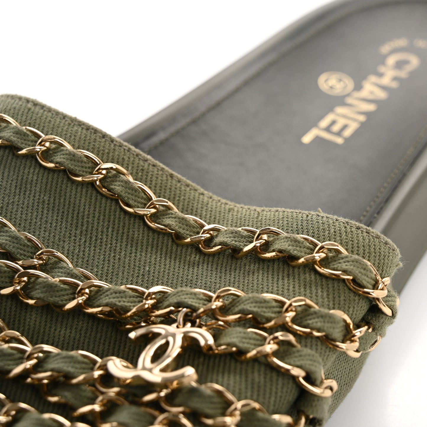 Satin Canvas Chain Slides Sandals Flats 40 Khaki